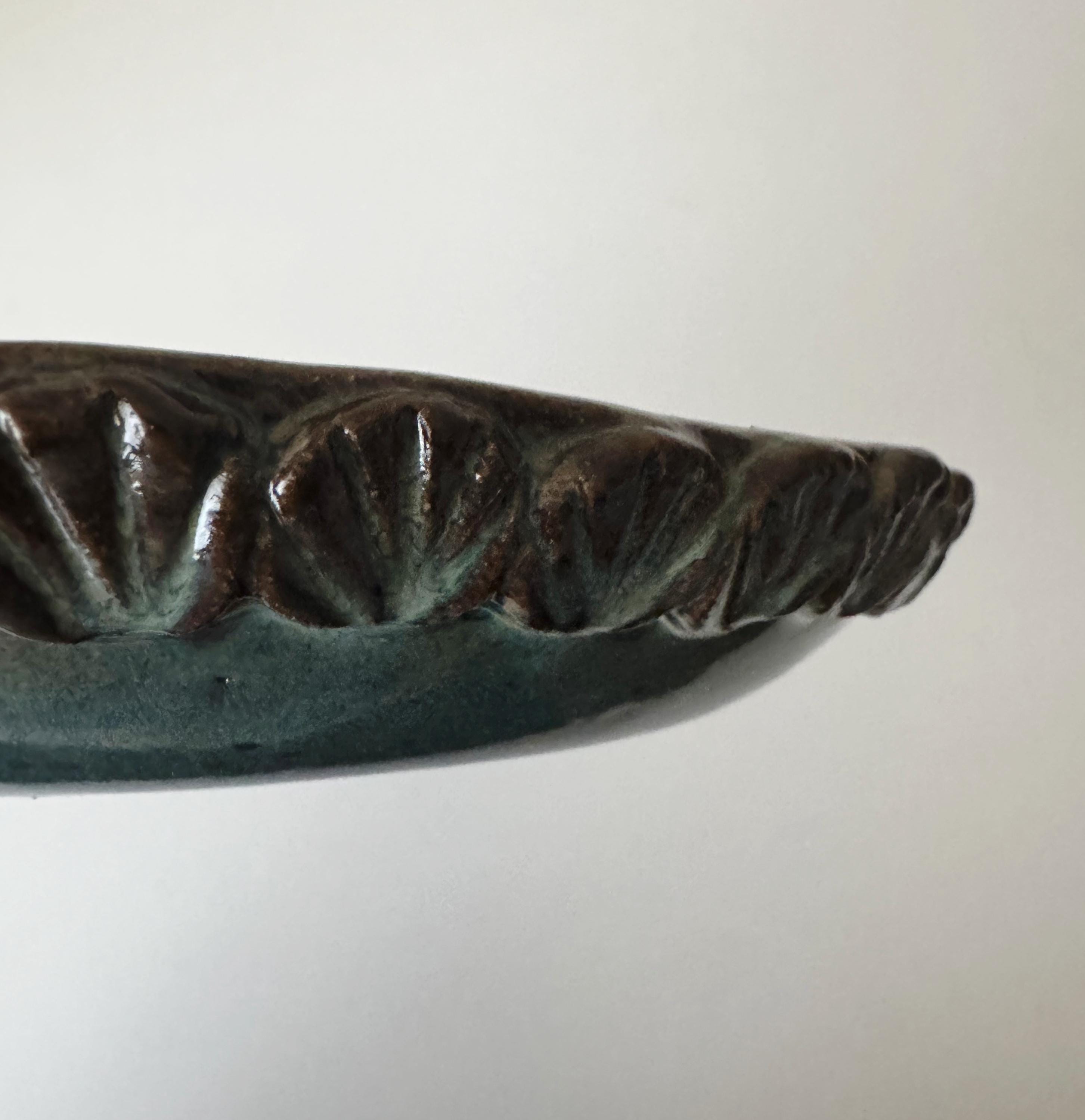 Handmade Ceramic Shells Pasta Bowl in Blue Brown Glaze, Decorative Accents, 10"