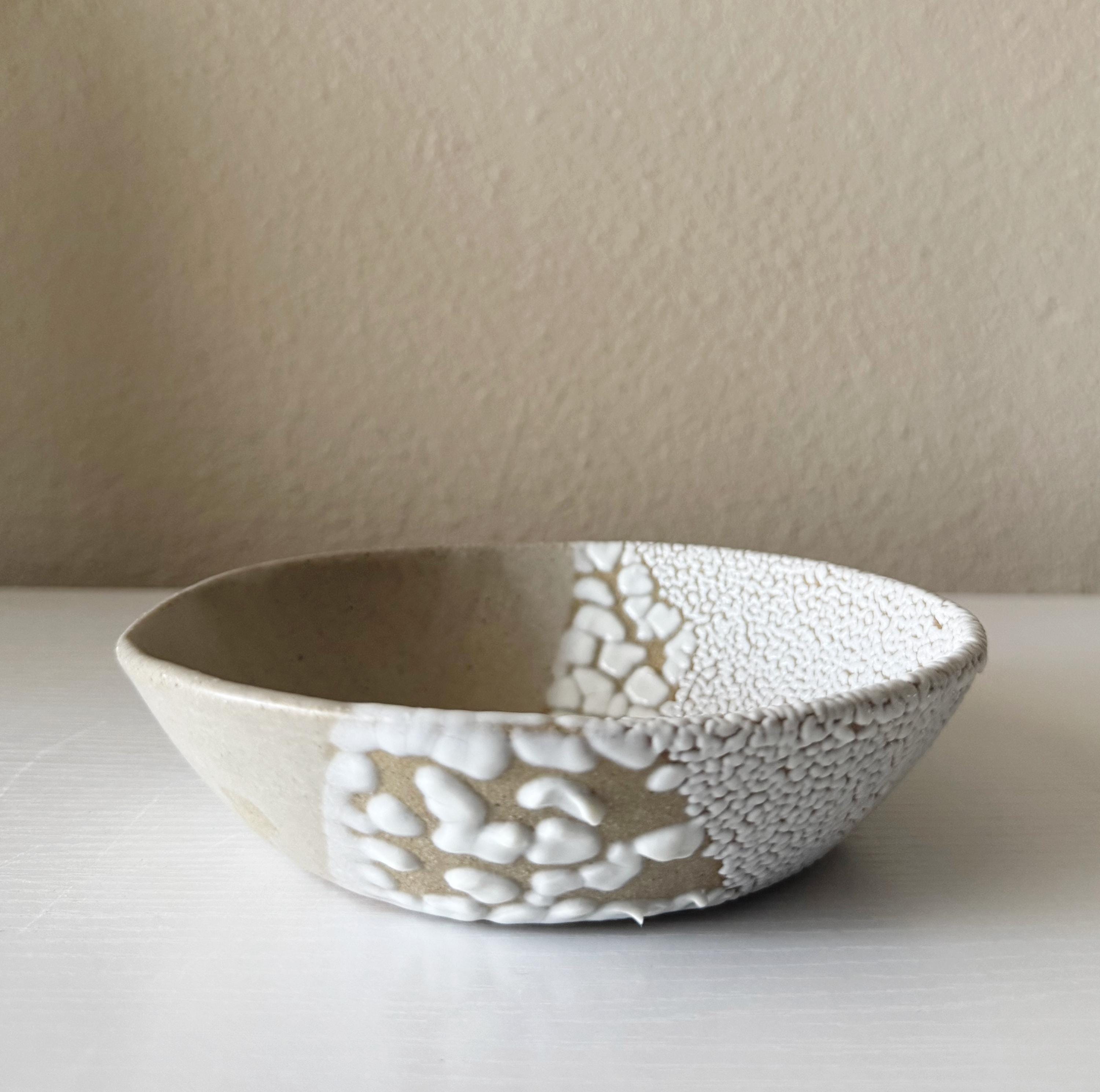 Handmade Ceramic Decorative Bowl, White Crawl Color Block, 6.5"