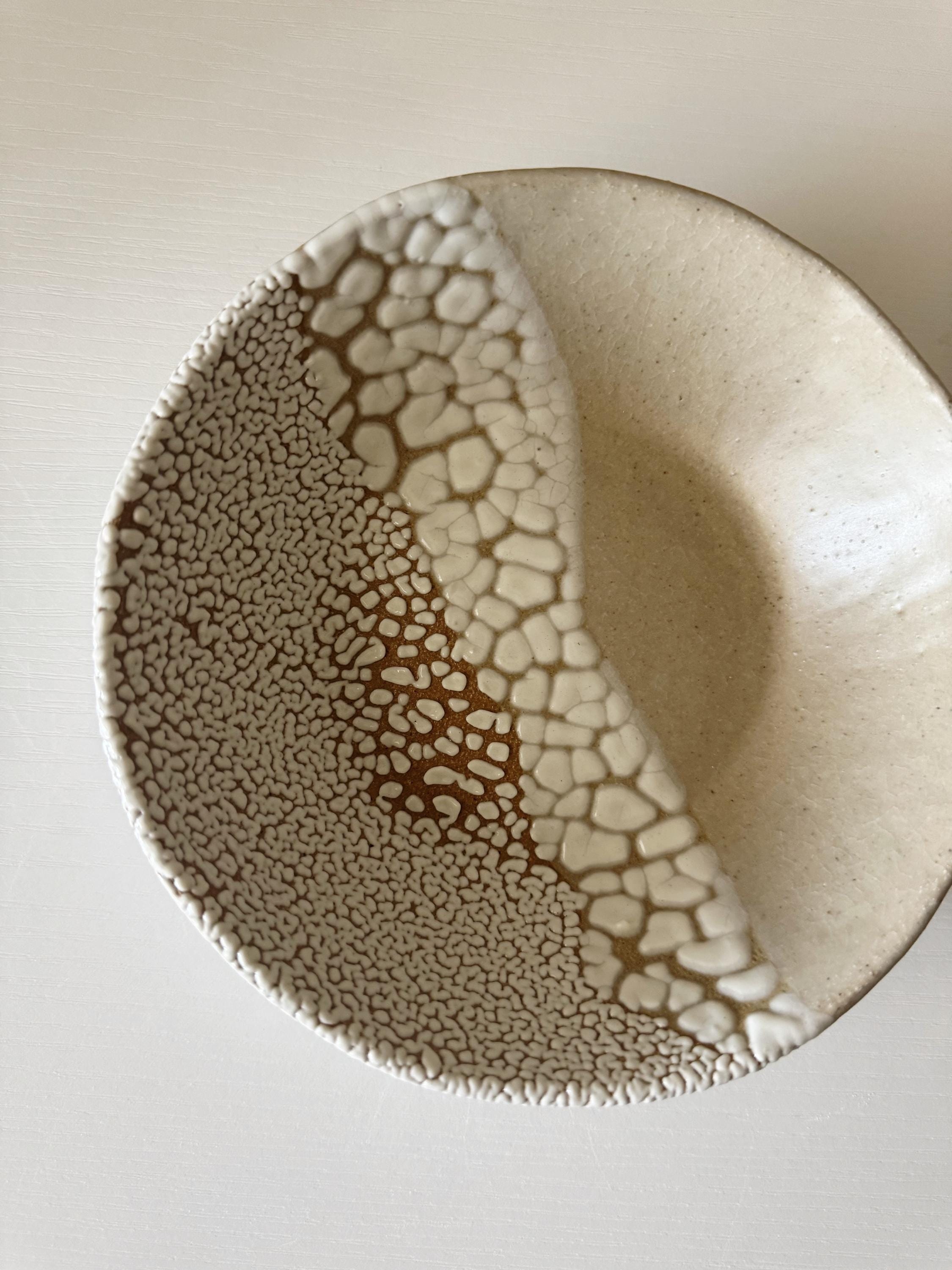 Handmade Ceramic Decorative Bowl, White Crawl Color Block, 6.5"