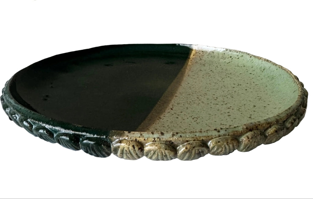 Handmade Ceramic Shells Plate in Jade/Emerald Speckle Color block, 8.25"