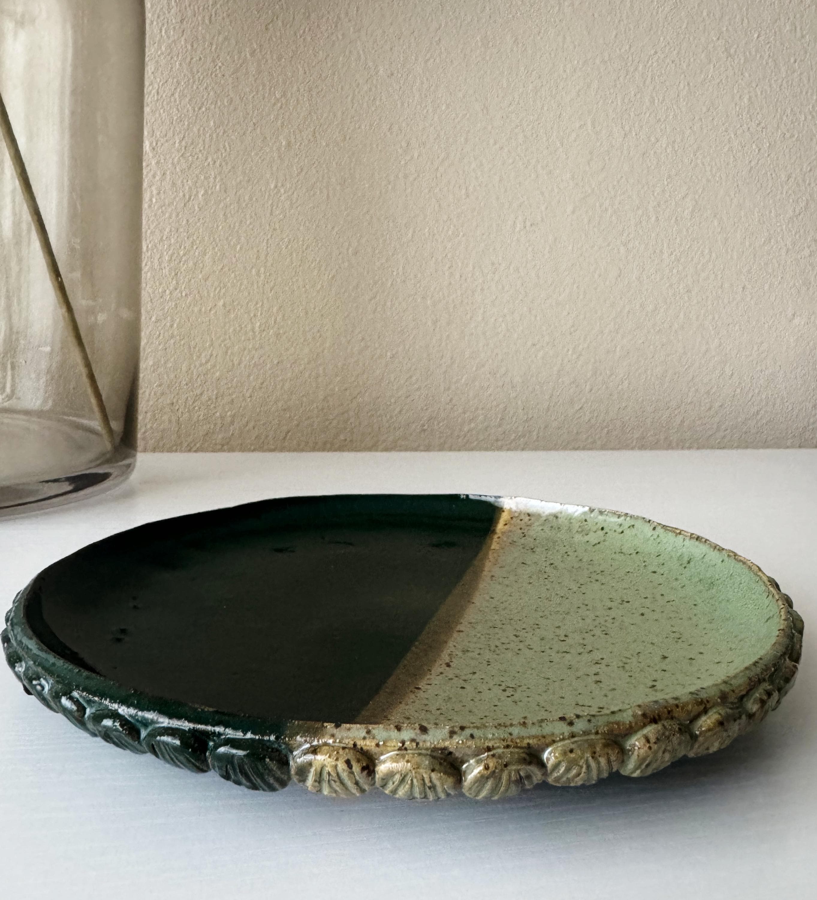 Handmade Ceramic Shells Plate in Jade/Emerald Speckle Color block, 8.25"