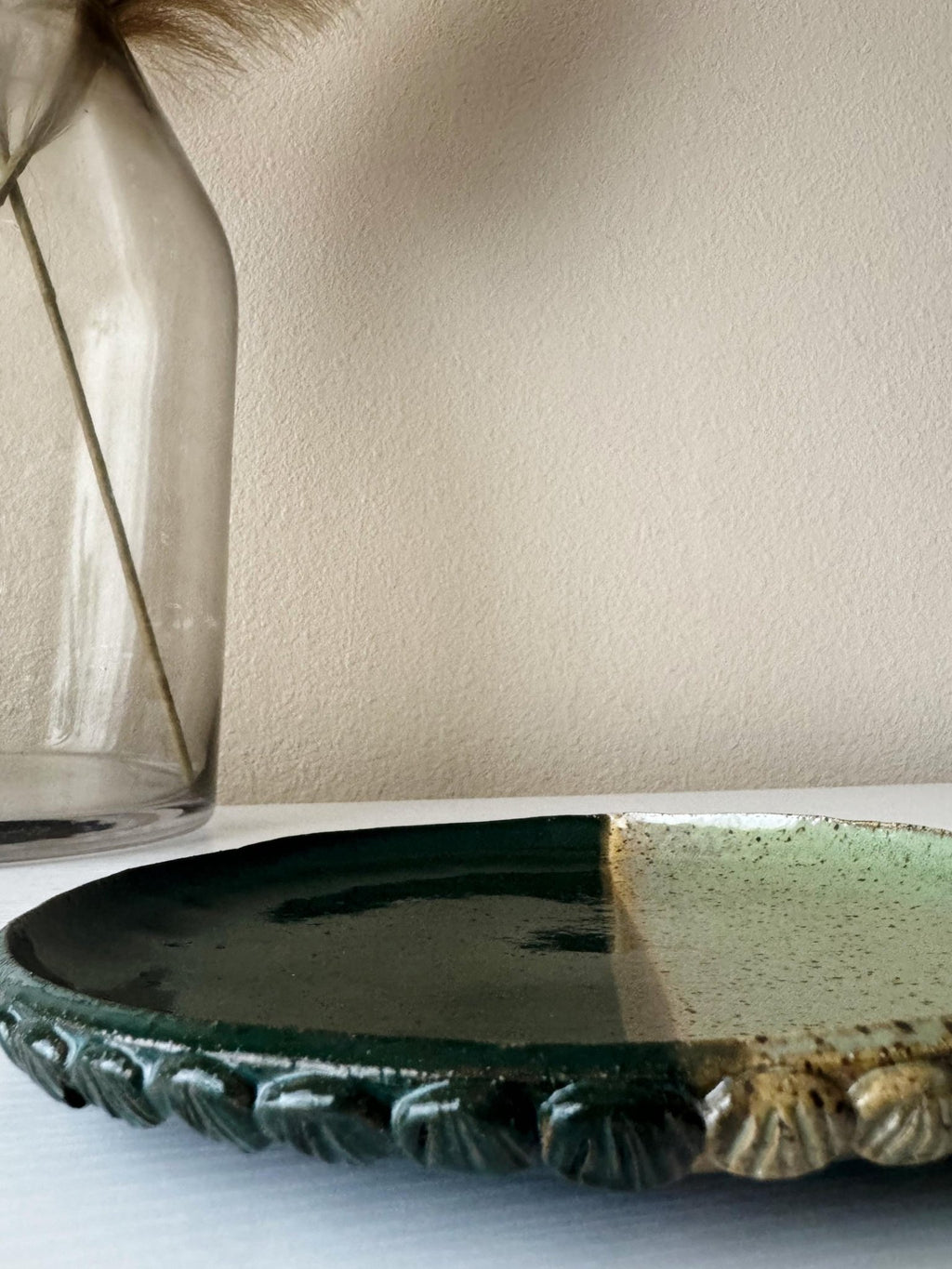 Handmade Ceramic Shells Plate in Jade/Emerald Speckle Color block, 8.25"