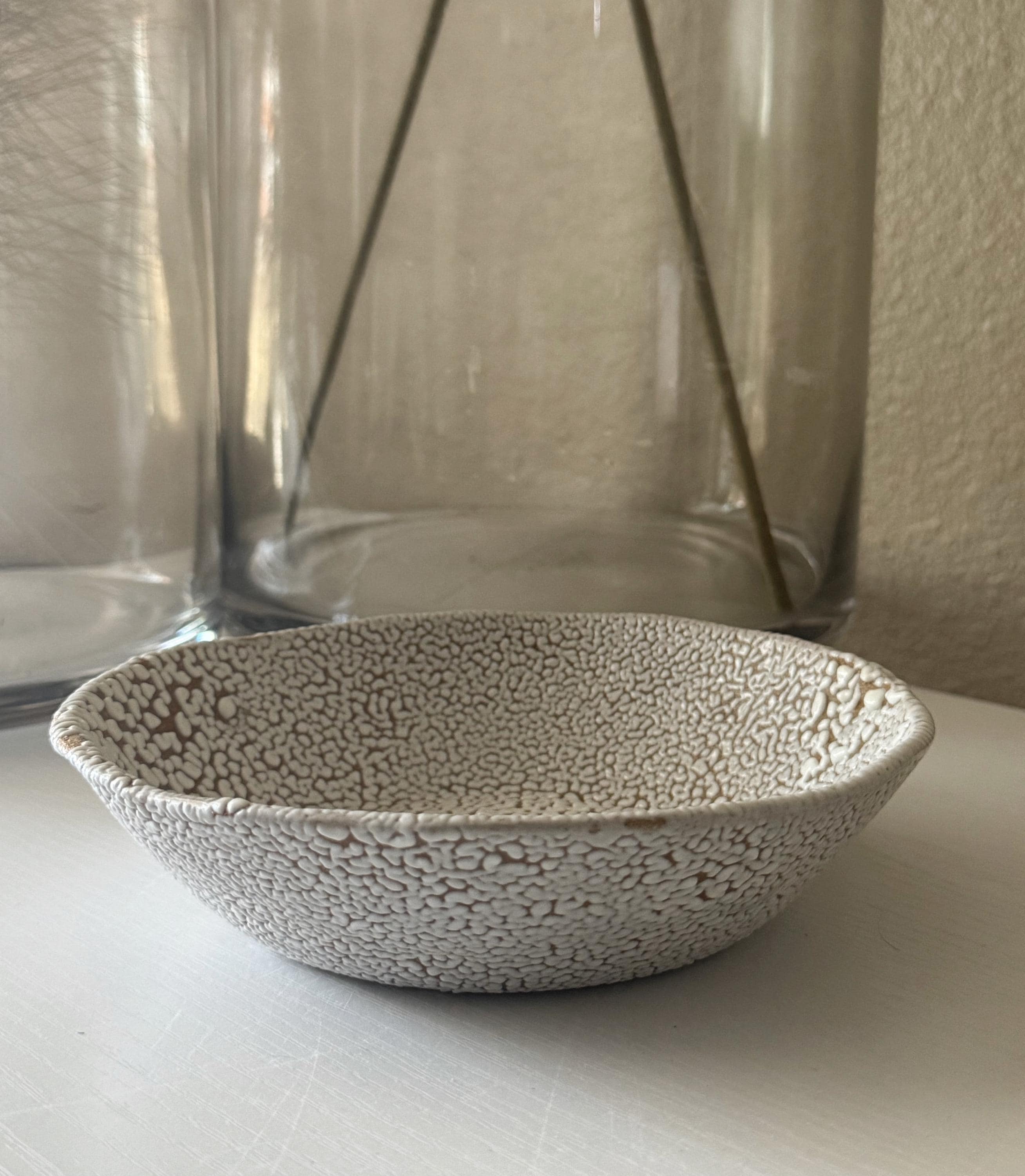 Handmade Ceramic Decorative Bowl, White Crawl Glaze, 7.5"