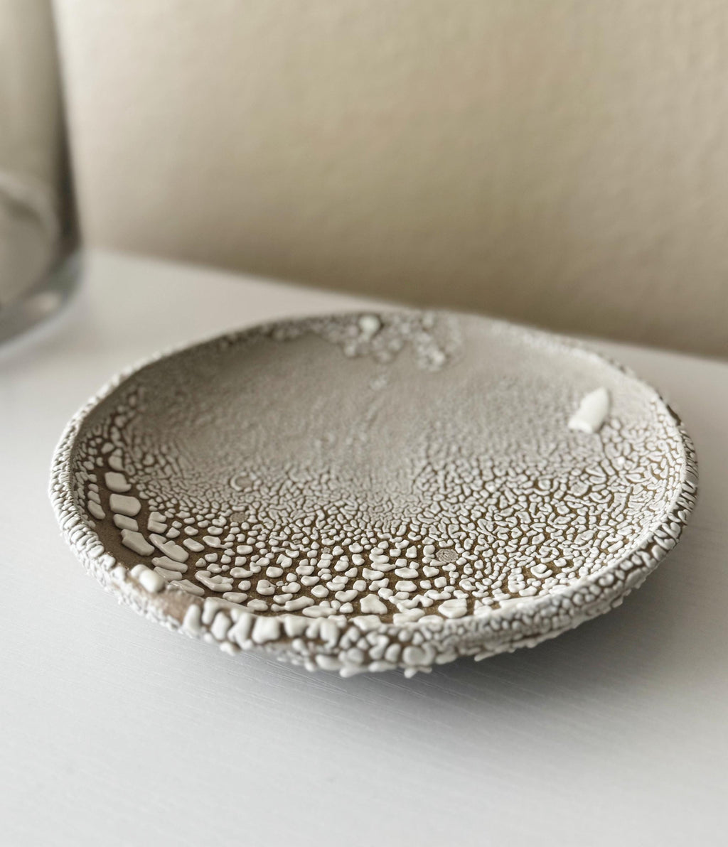 Handmade Ceramic Decorative Plate in White Crawl 7.5"