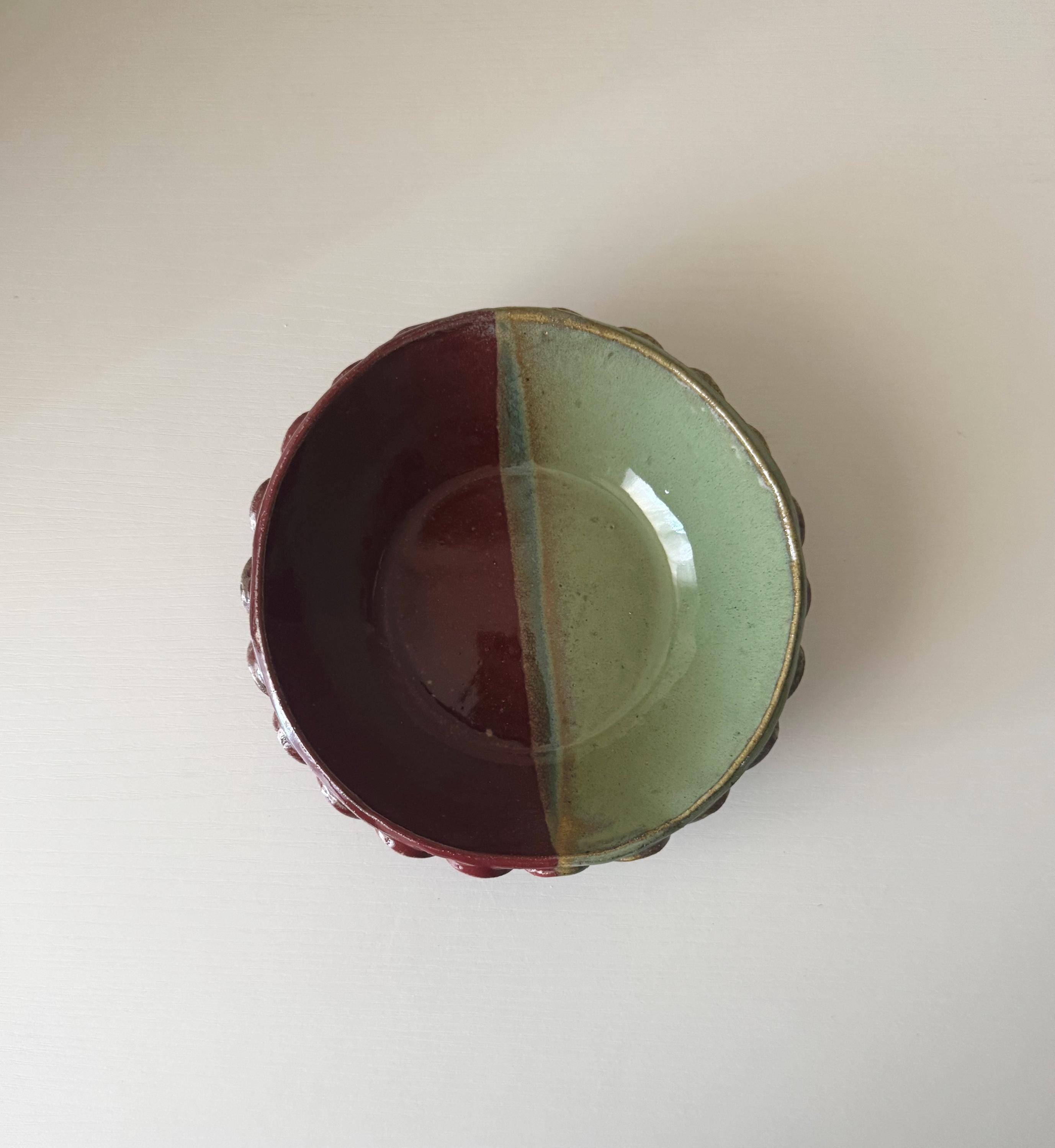 Handmade Ceramic Shells Bowl in Seafoam/Raspberry Color Block Glaze, Decorative Accents, 6.75"