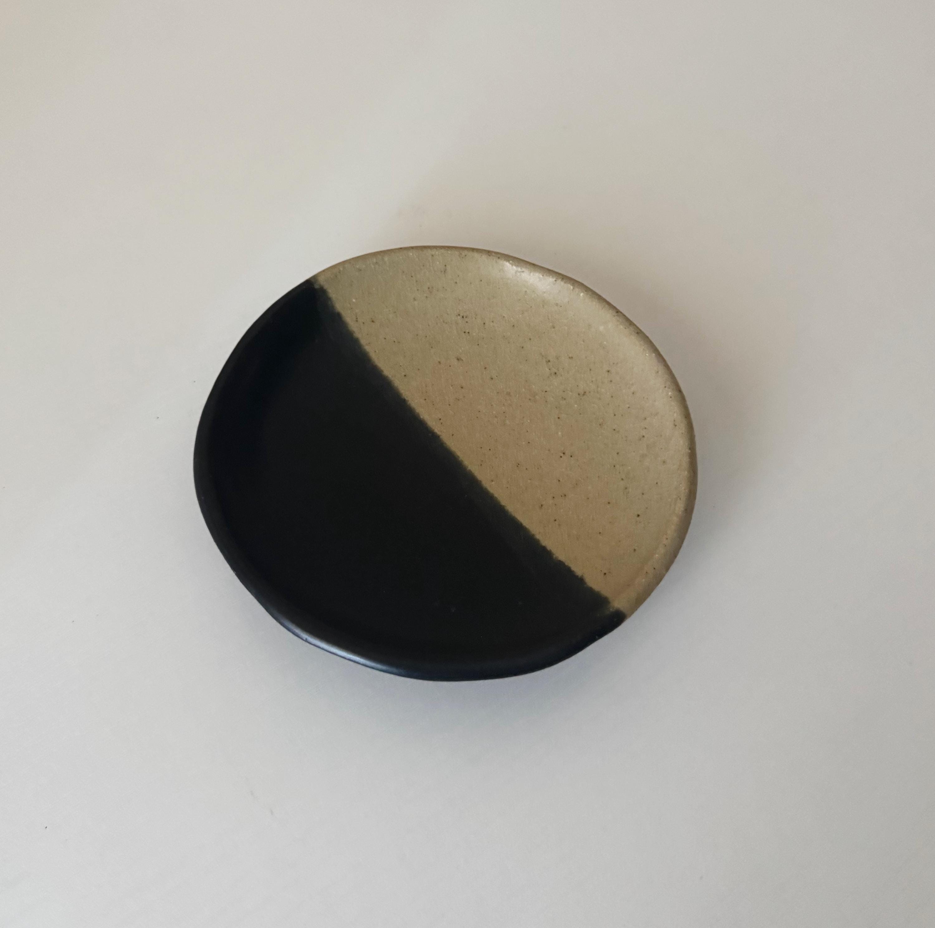 Handmade Ceramic Dish in Matte Black/Matte Ivory Color block 5.25"