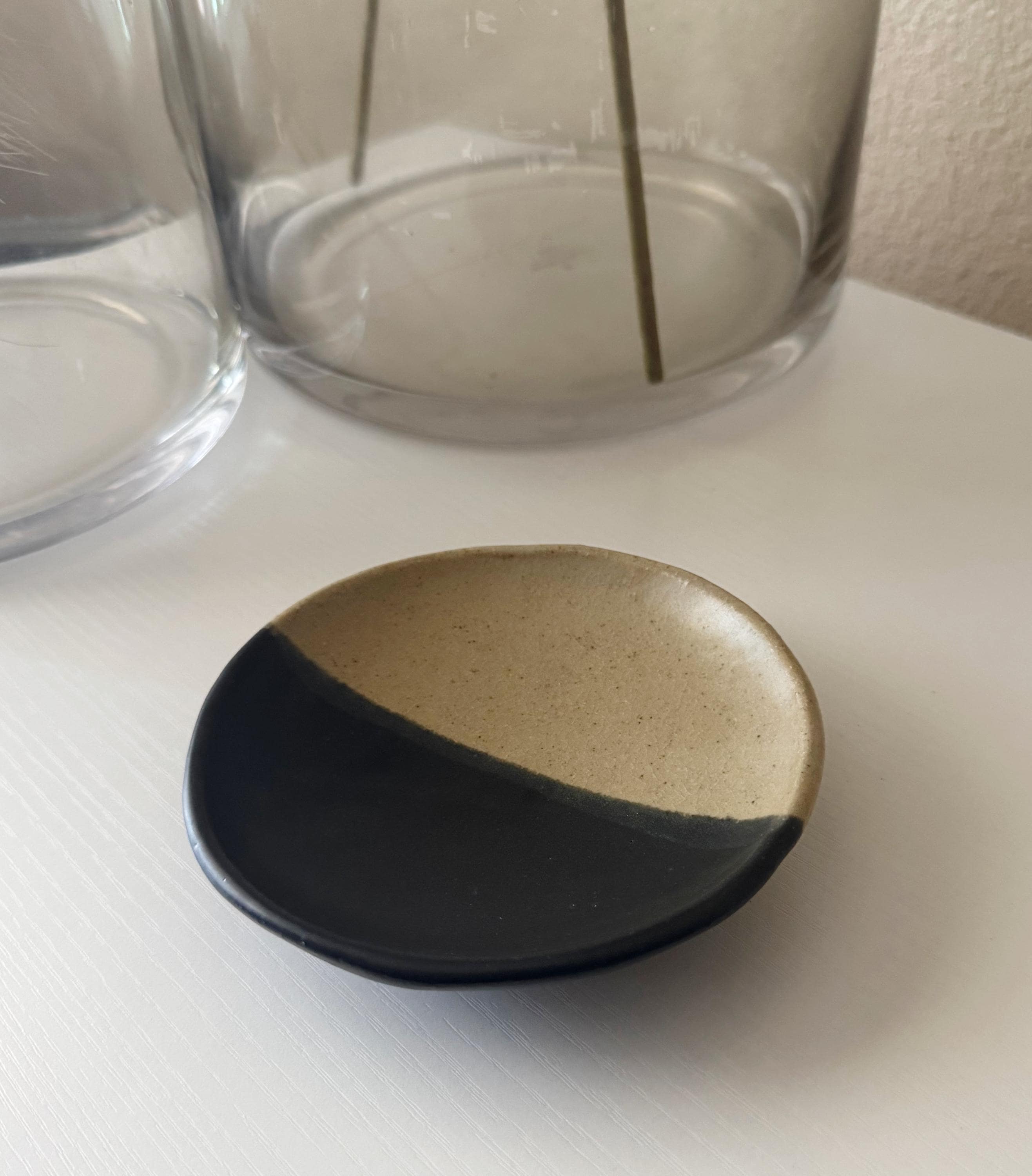 Handmade Ceramic Dish in Matte Black/Matte Ivory Color block 5.25"
