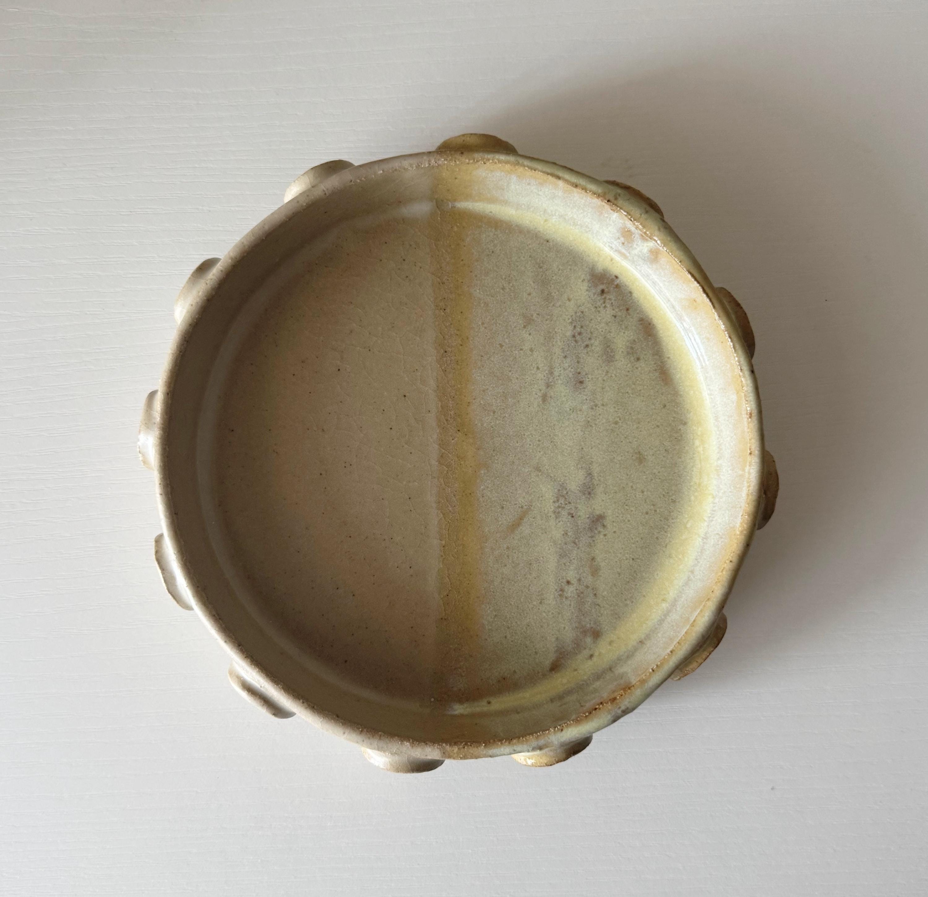 Handmade Ceramic Round Dish in Natural/Lemonade Color block Glaze, Decorative Accents,  6.25"