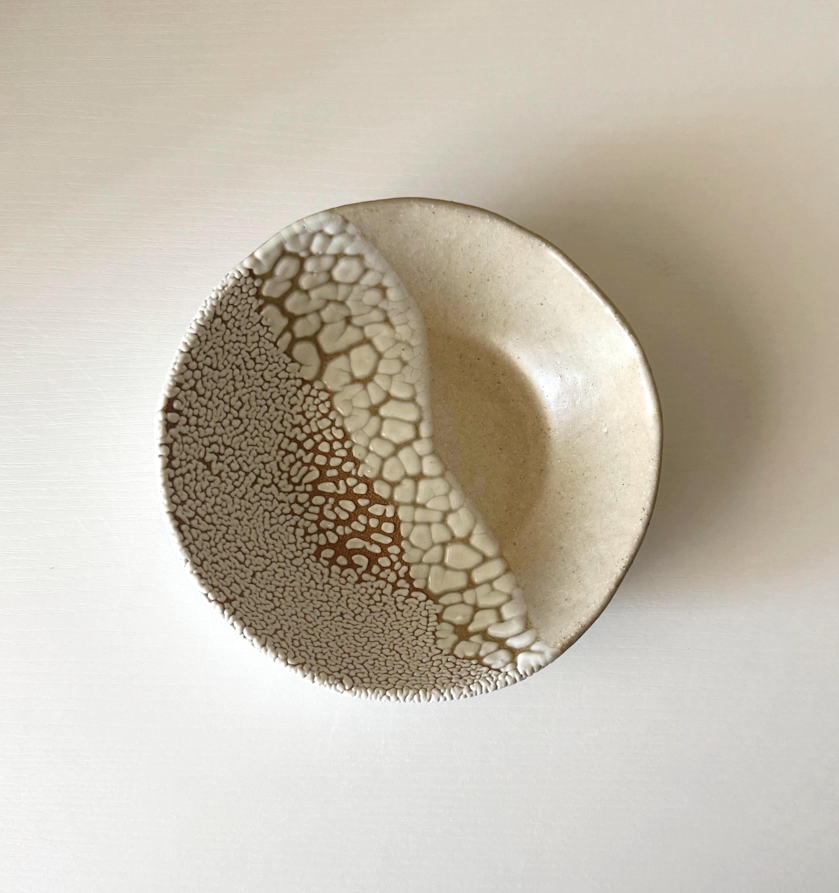 Handmade Ceramic Decorative Bowl, White Crawl Color Block, 6.5"