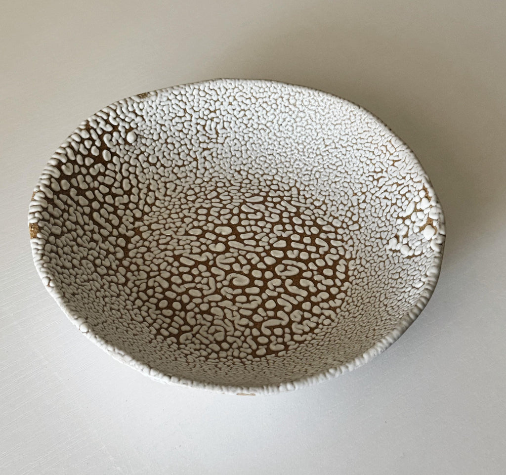 Handmade Ceramic Decorative Bowl, White Crawl Glaze, 7.5"