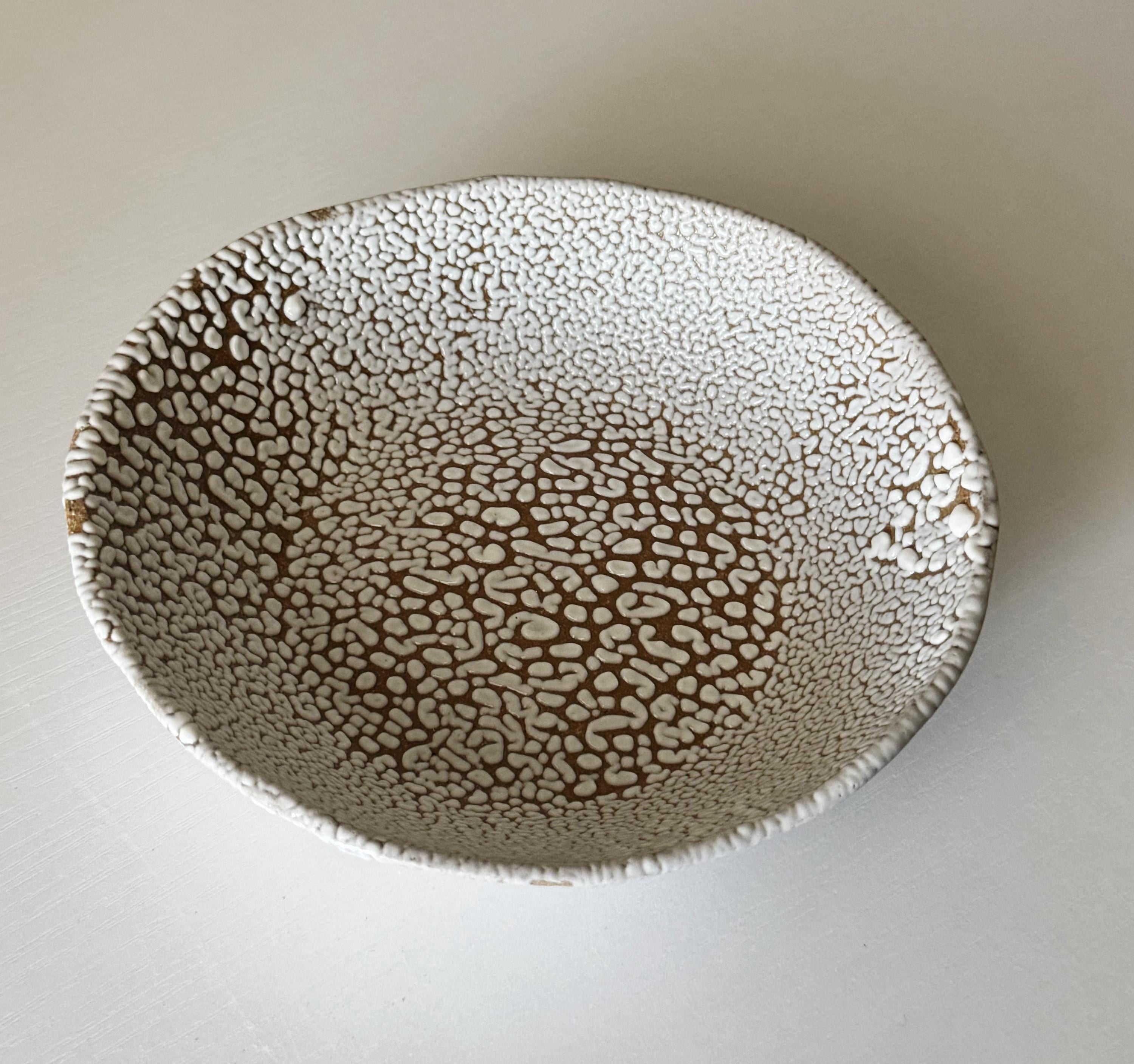 Handmade Ceramic Decorative Bowl, White Crawl Glaze, 7.5"