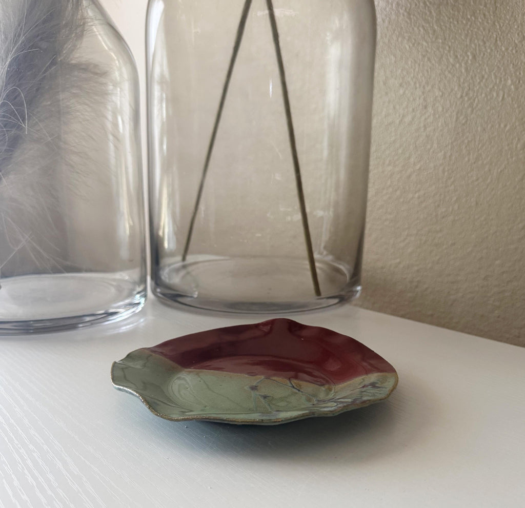 Handmade Ceramic Wavy Plate in Seafoam/Raspberry Splatter Color block, 6.5"