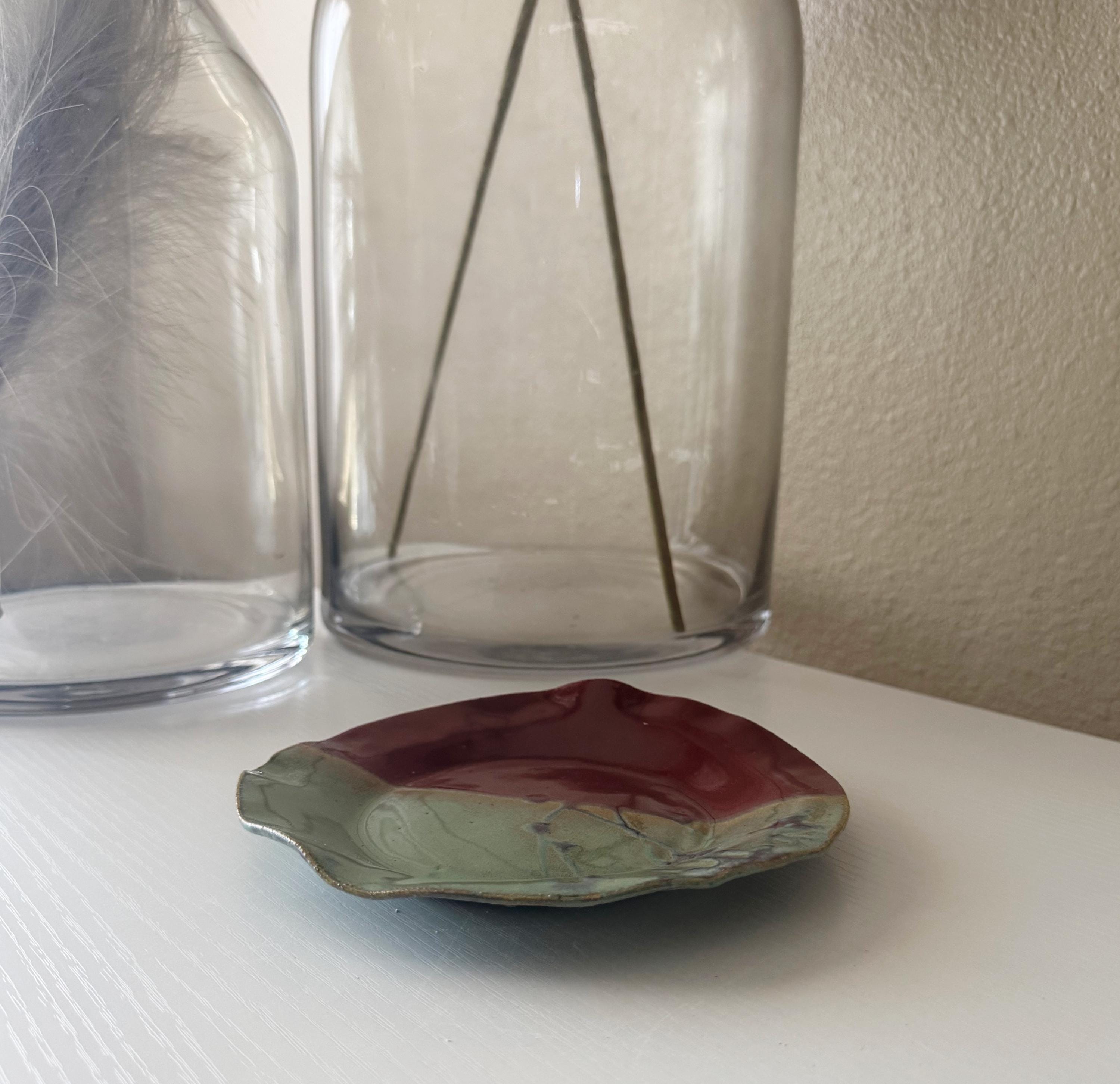 Handmade Ceramic Wavy Plate in Seafoam/Raspberry Splatter Color block, 6.5"