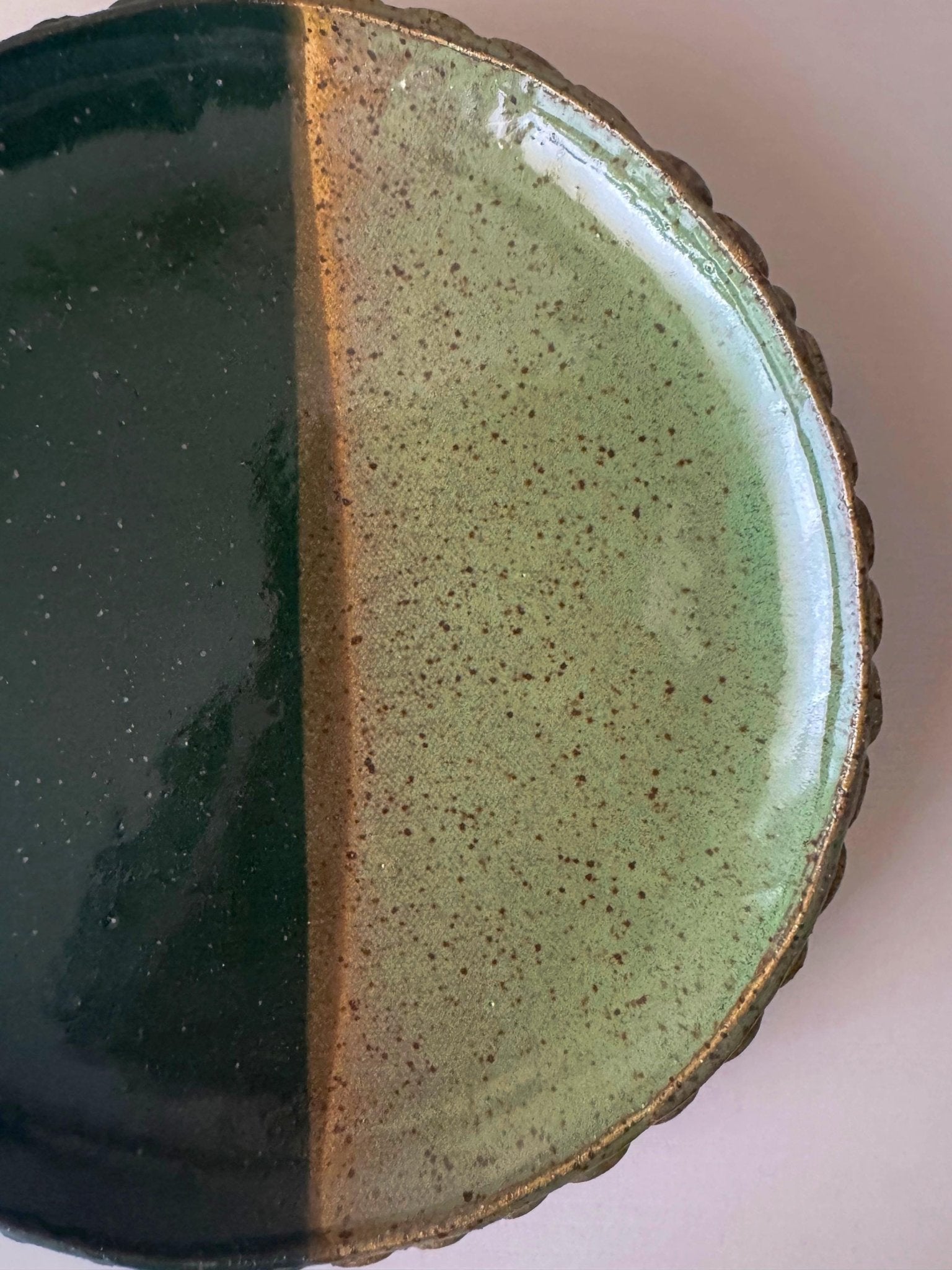 Handmade Ceramic Shells Plate in Jade/Emerald Speckle Color block, 8.25"