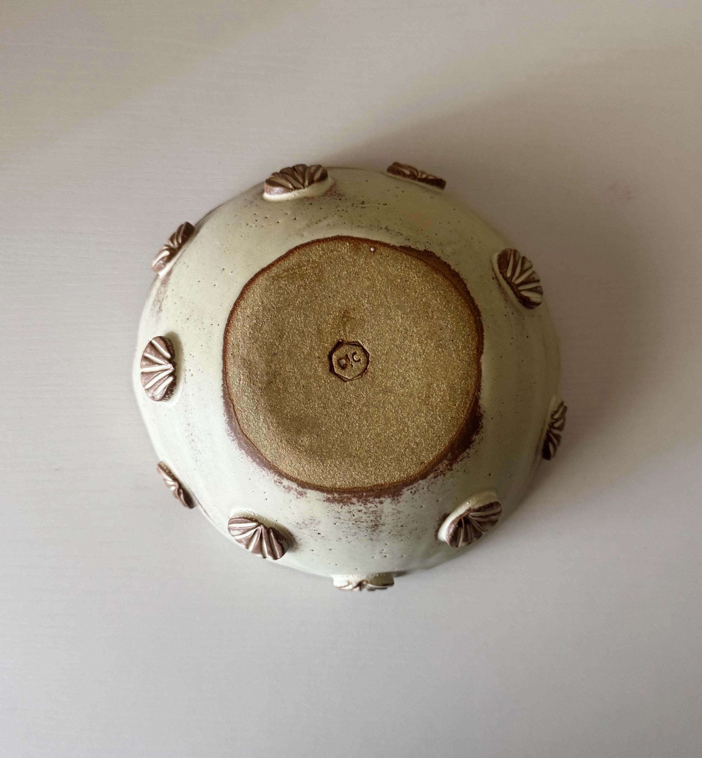 Handmade Ceramic Shells Bowl, Ochre Cream Glaze, Decorative Accents, 6.5"