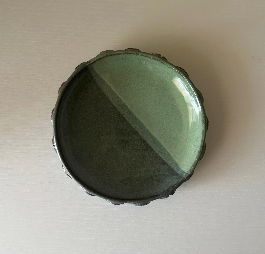 Handmade Ceramic Shells Dish in Dusty Emerald/Seafoam Colorblock Glaze,  5.5"