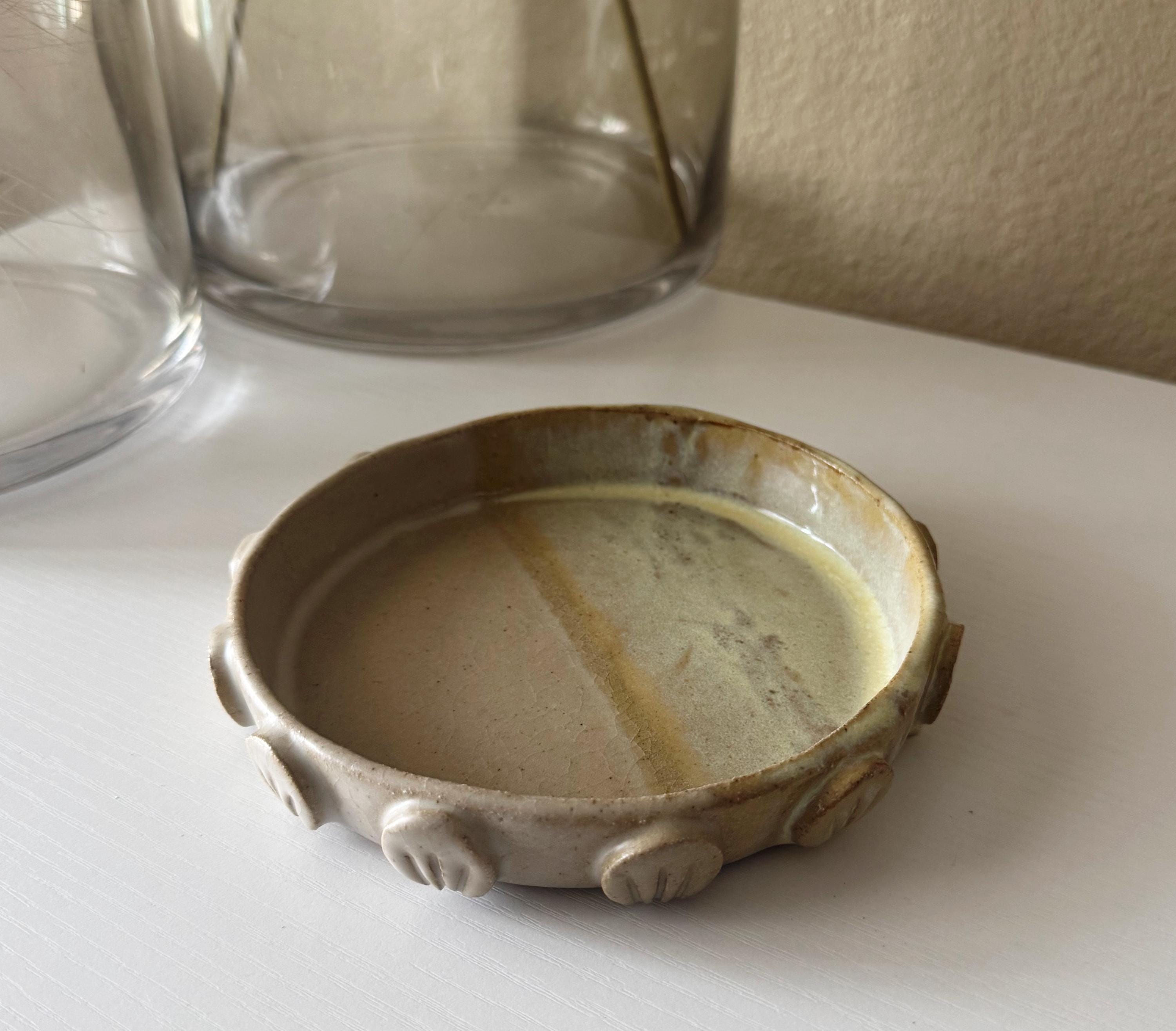 Handmade Ceramic Round Dish in Natural/Lemonade Color block Glaze, Decorative Accents,  6.25"