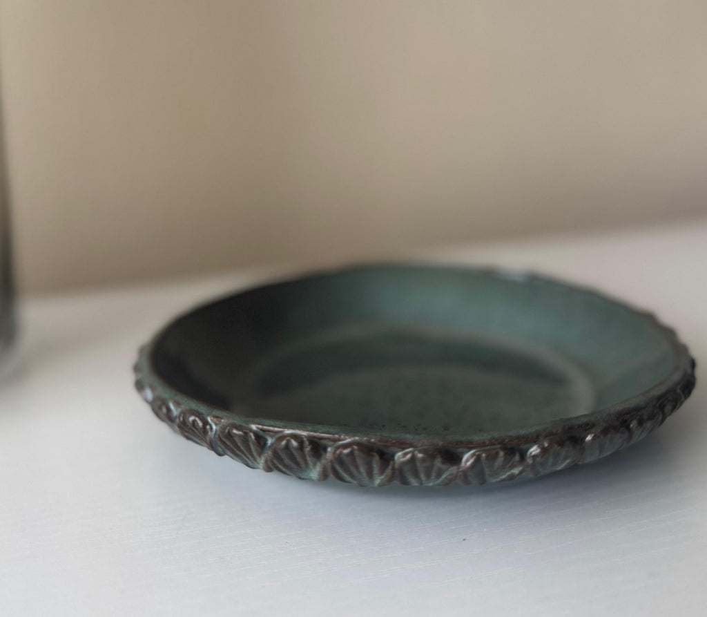 Handmade Ceramic Shells Pasta Bowl in Blue Brown Glaze, Decorative Accents, 10"