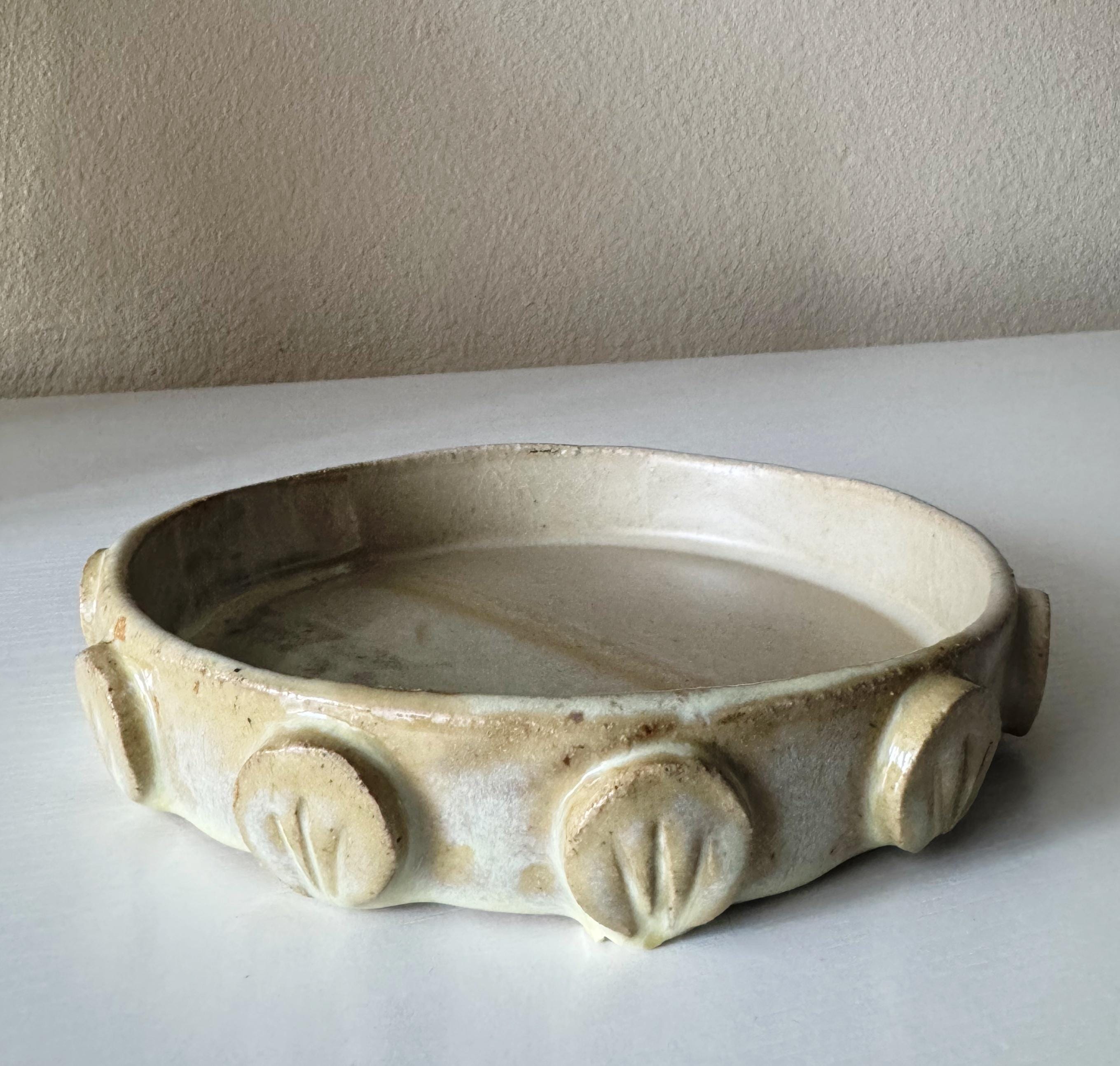 Handmade Ceramic Round Dish in Natural/Lemonade Color block Glaze, Decorative Accents,  6.25"