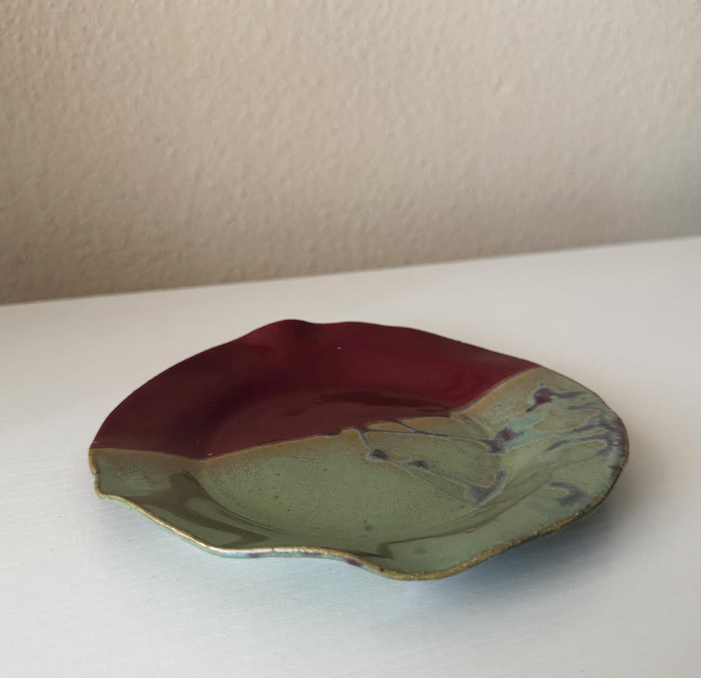 Handmade Ceramic Wavy Plate in Seafoam/Raspberry Splatter Color block, 6.5"