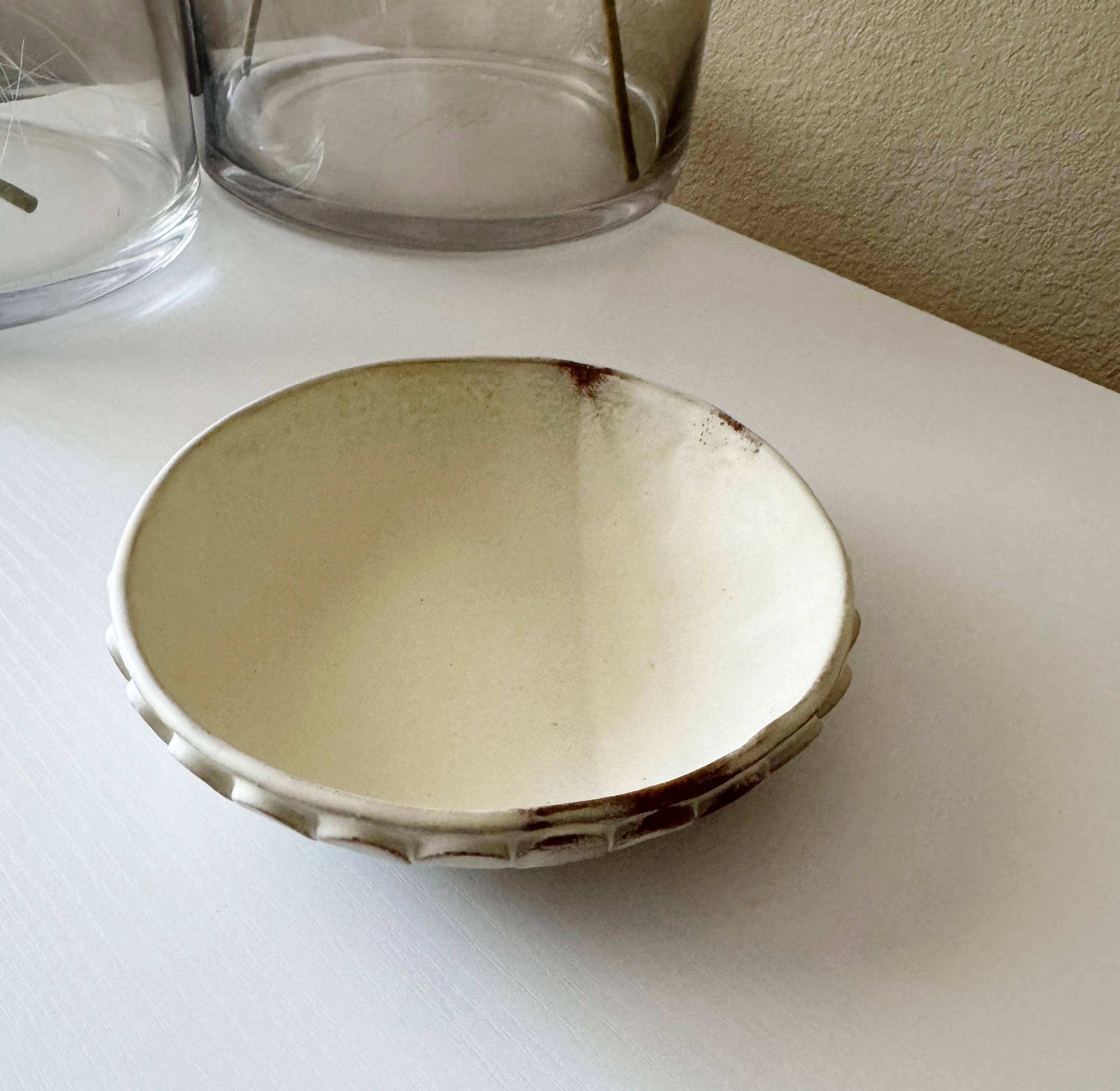 Handmade Ceramic Bubbles Bowl, Ochre Cream Glaze, Decorative Accents, 6.5"