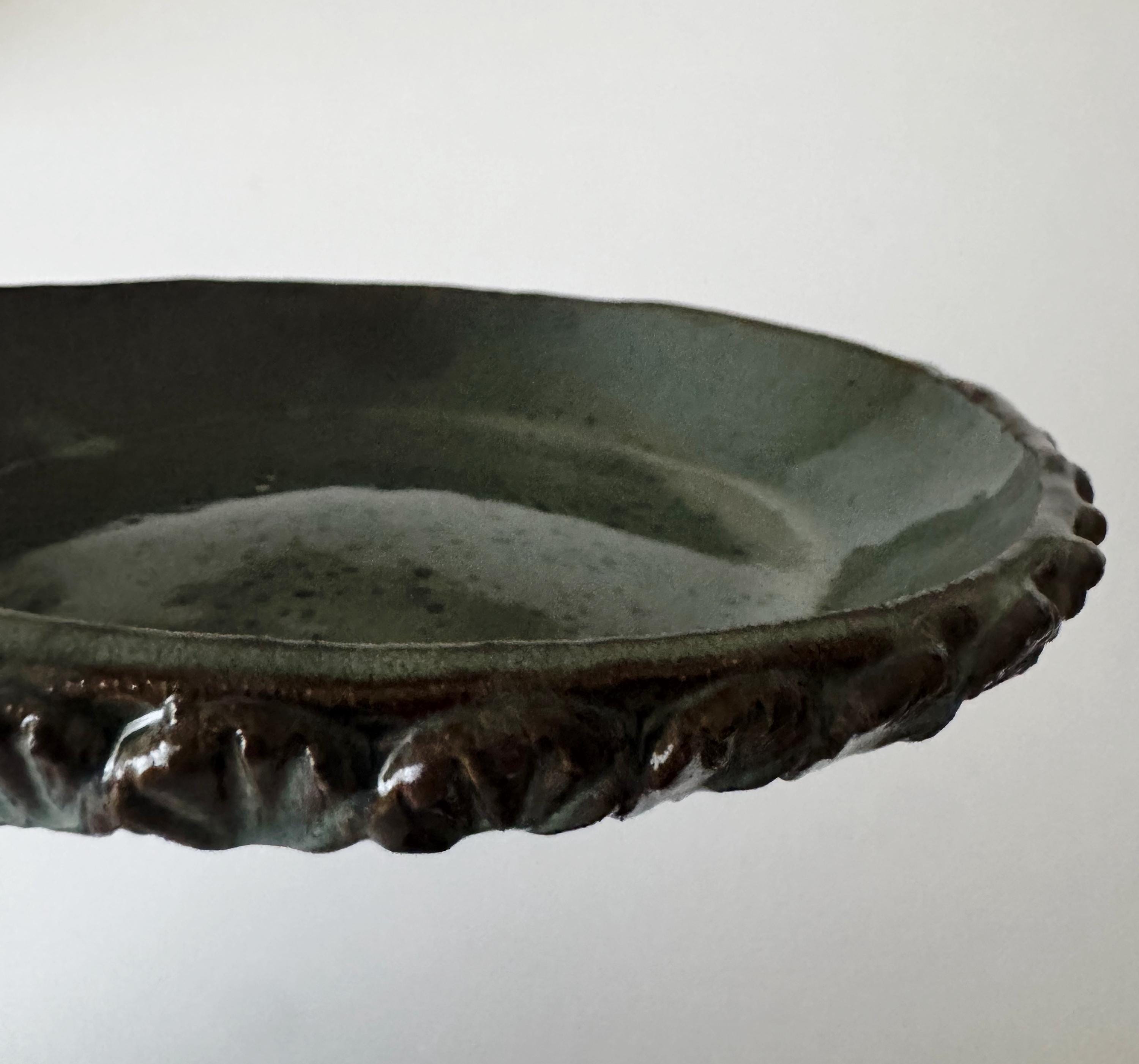 Handmade Ceramic Shells Pasta Bowl in Blue Brown Glaze, Decorative Accents, 10"