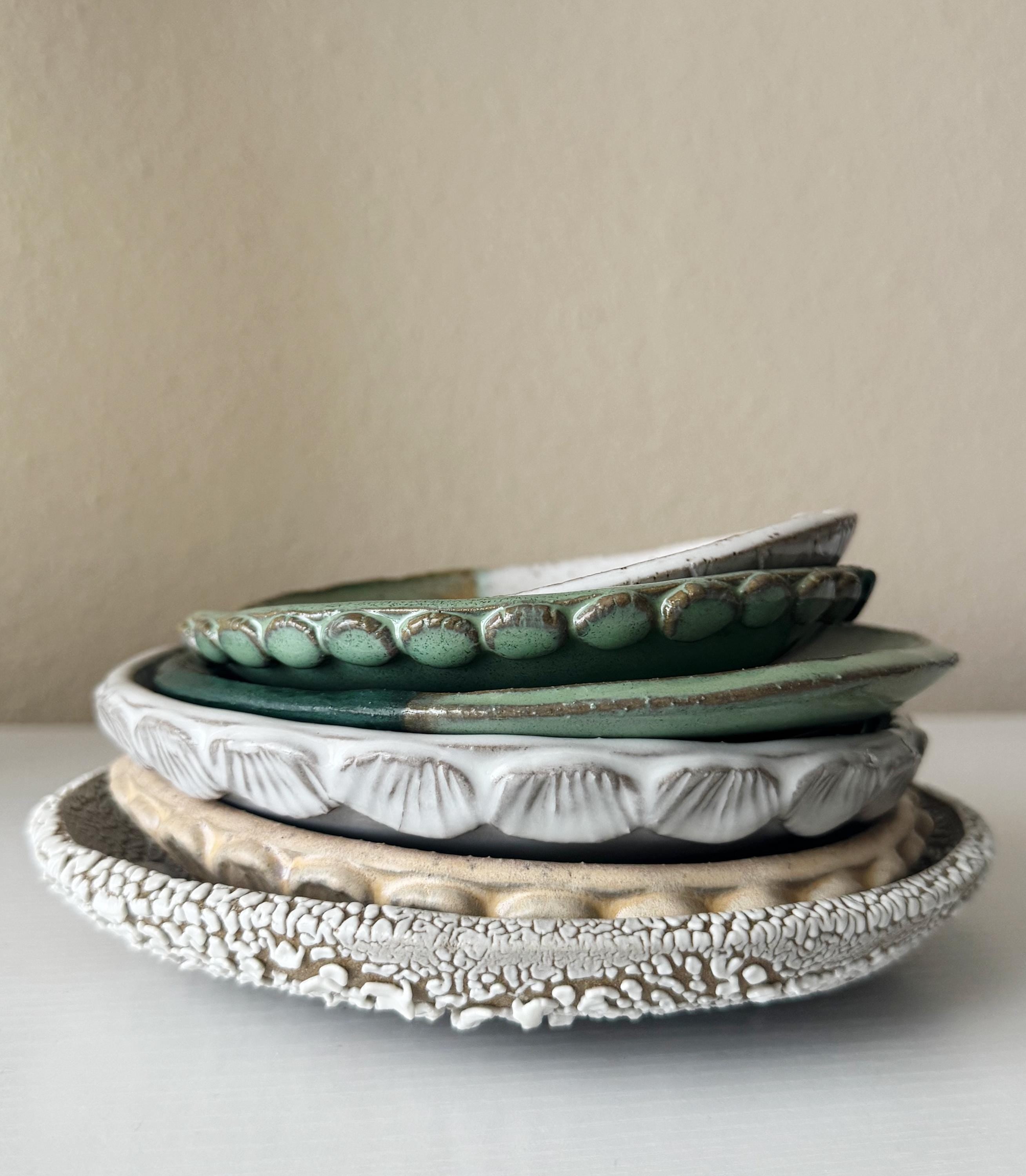 Handmade Ceramic Shells Plate in Jade/Emerald Speckle Color block, 8.25"