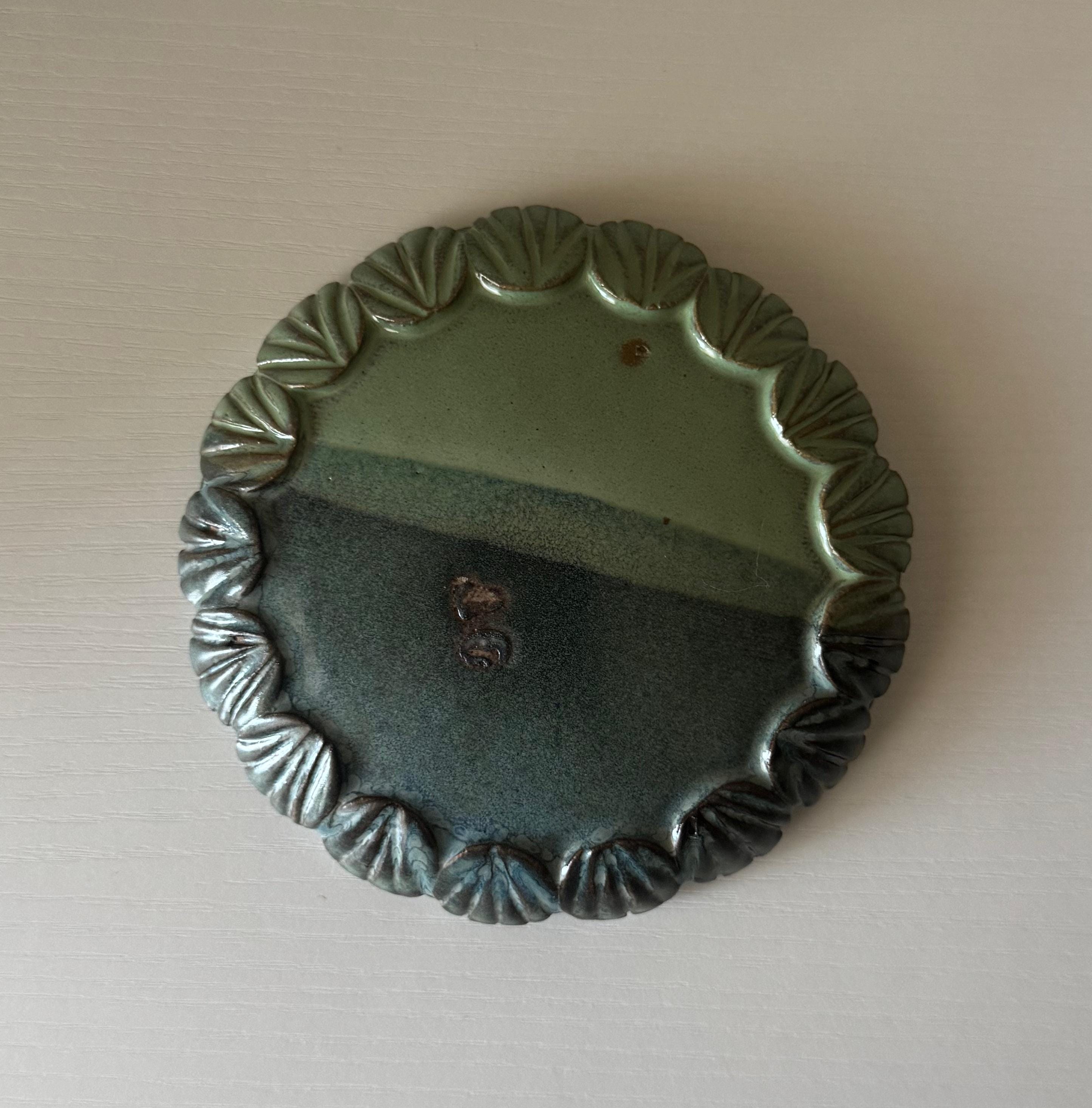 Handmade Ceramic Shells Dish in Dusty Emerald/Seafoam Colorblock Glaze,  5.5"