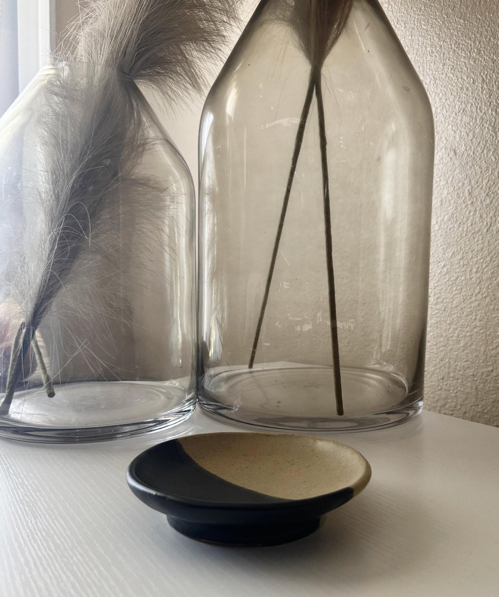 Handmade Ceramic Dish in Matte Black/Matte Ivory Color block 5.25"
