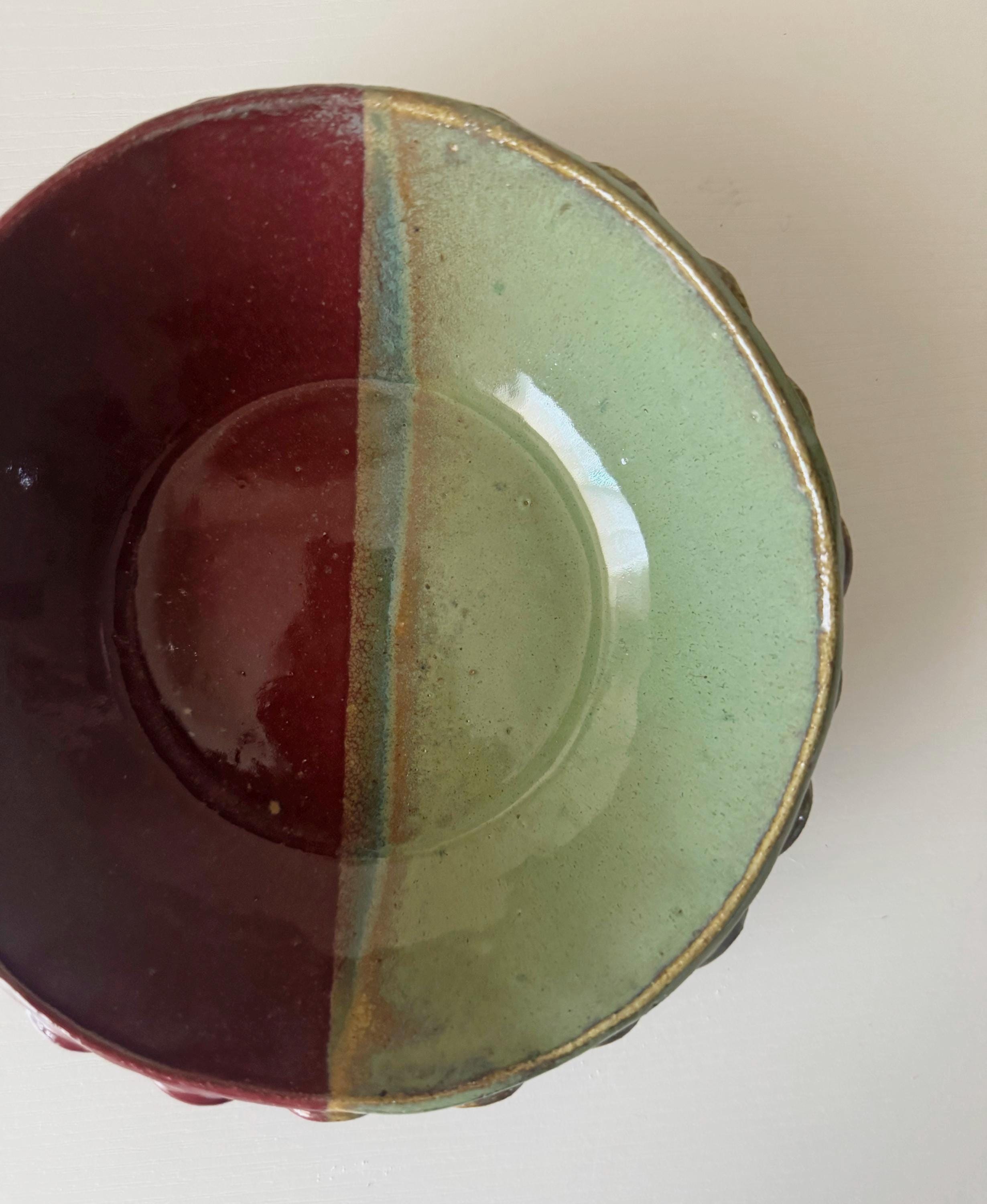 Handmade Ceramic Shells Bowl in Seafoam/Raspberry Color Block Glaze, Decorative Accents, 6.75"
