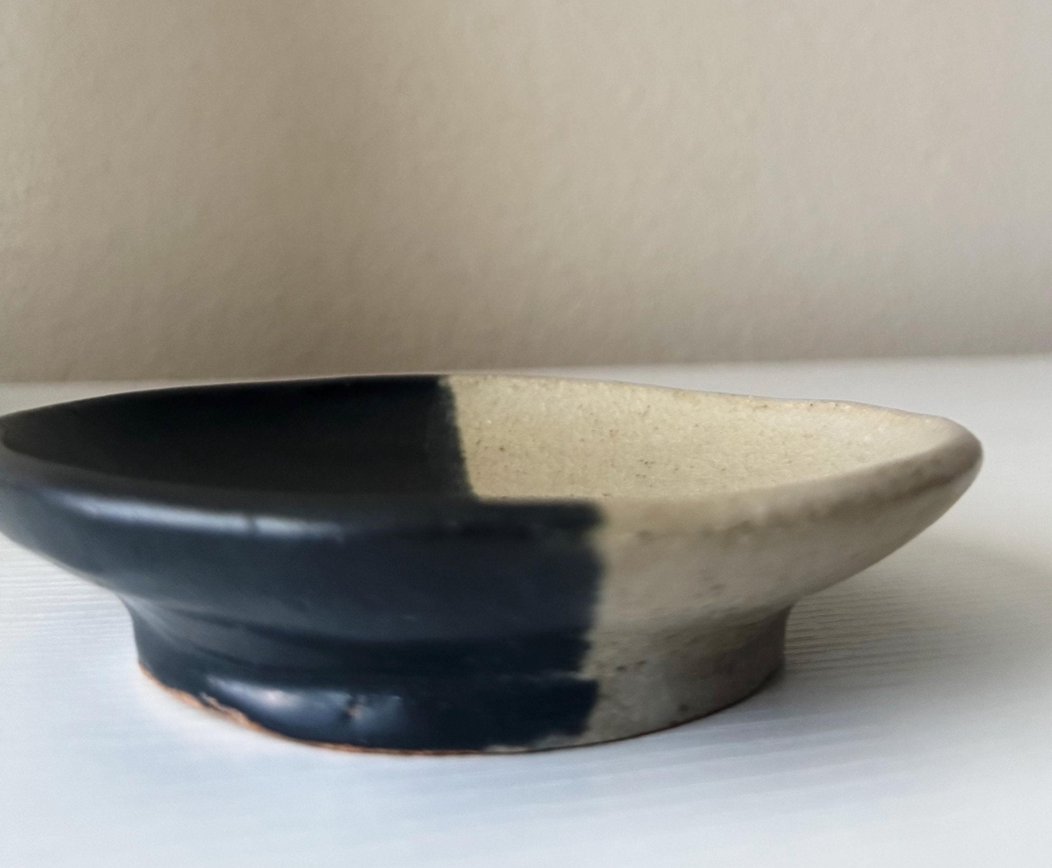 Handmade Ceramic Dish in Matte Black/Matte Ivory Color block 5.25"