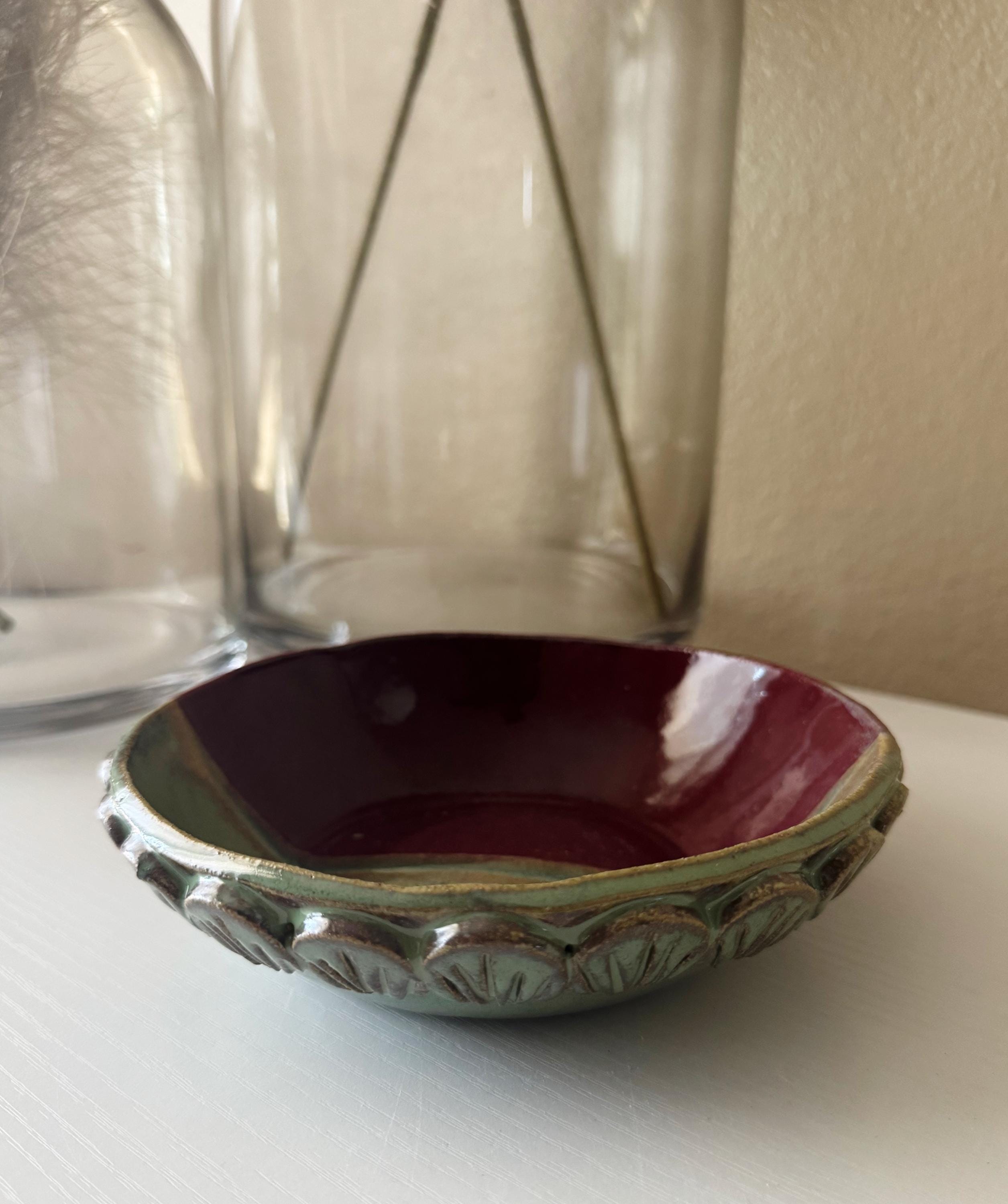 Handmade Ceramic Shells Bowl in Seafoam/Raspberry Color Block Glaze, Decorative Accents, 6.75"