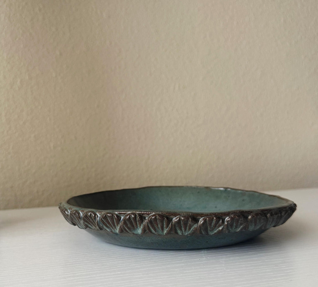 Handmade Ceramic Shells Pasta Bowl in Blue Brown Glaze, Decorative Accents, 10"