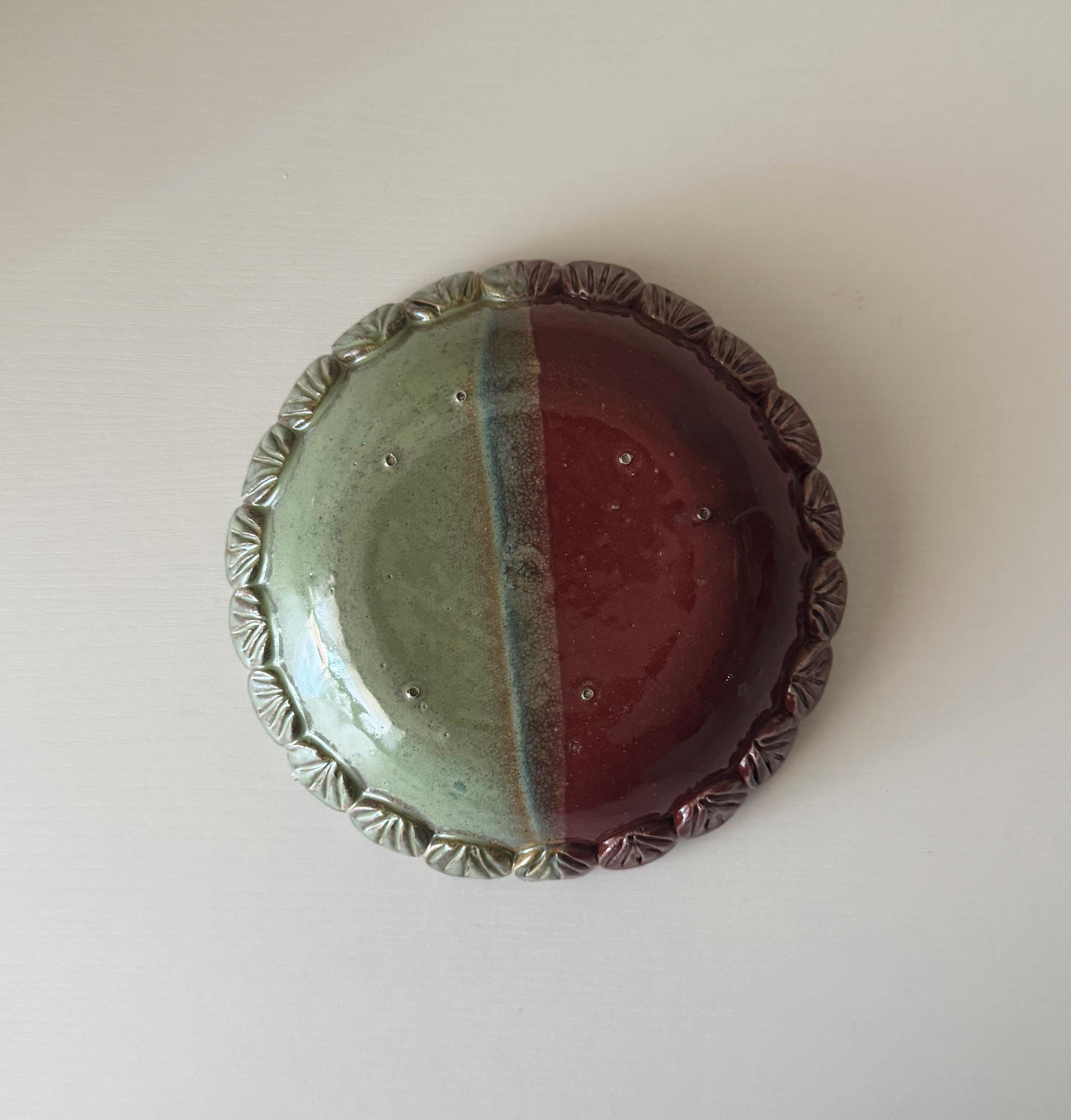 Handmade Ceramic Shells Bowl in Seafoam/Raspberry Color Block Glaze, Decorative Accents, 6.75"