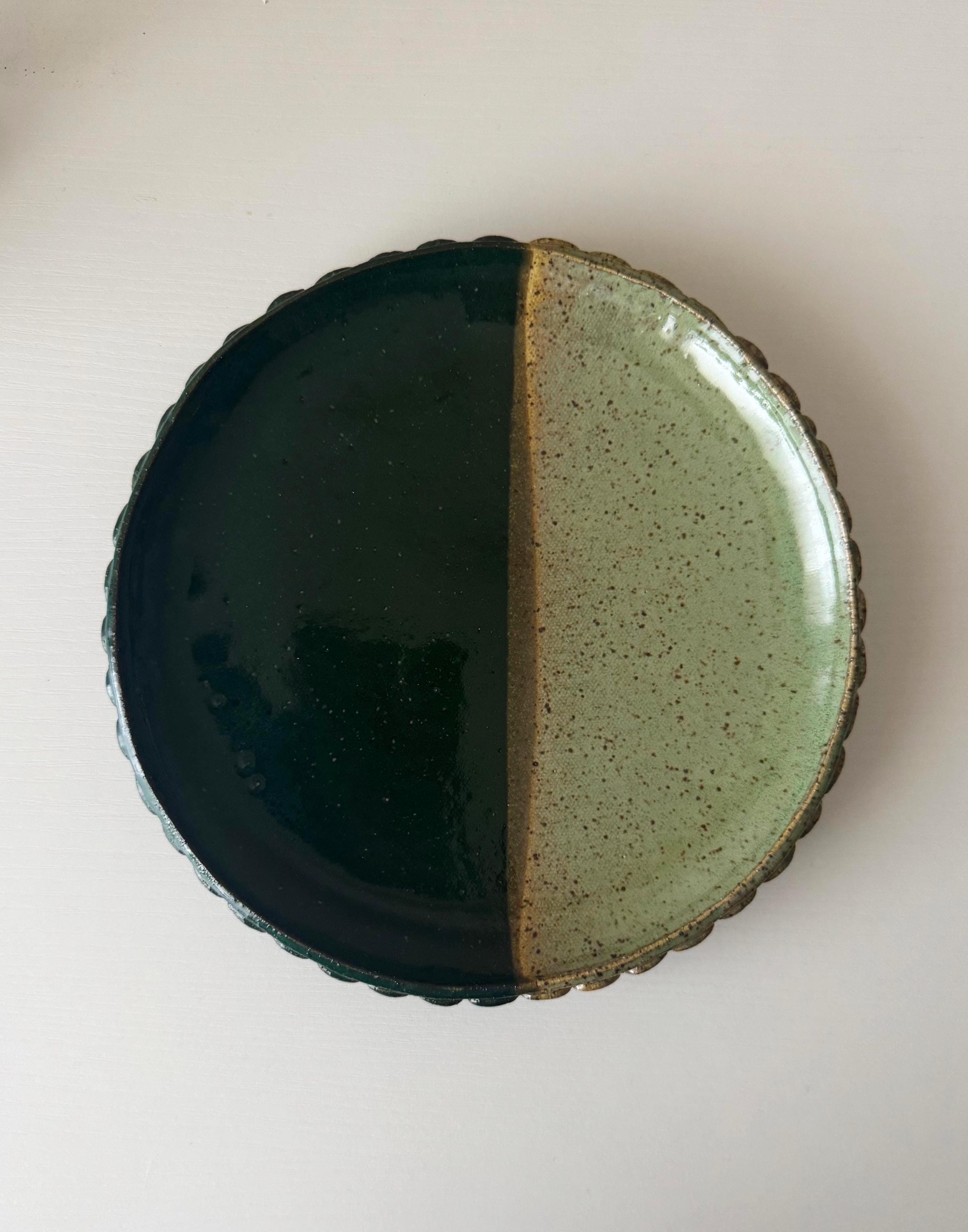 Handmade Ceramic Shells Plate in Jade/Emerald Speckle Color block, 8.25"