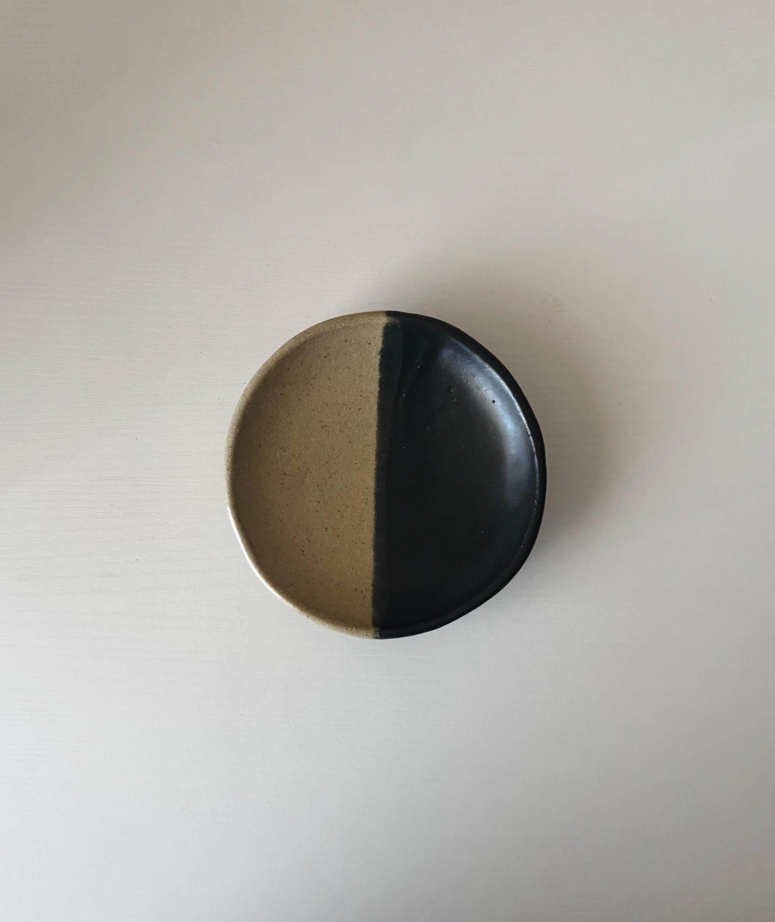 Handmade Ceramic Dish in Matte Black/Matte Ivory Color block 5.25"