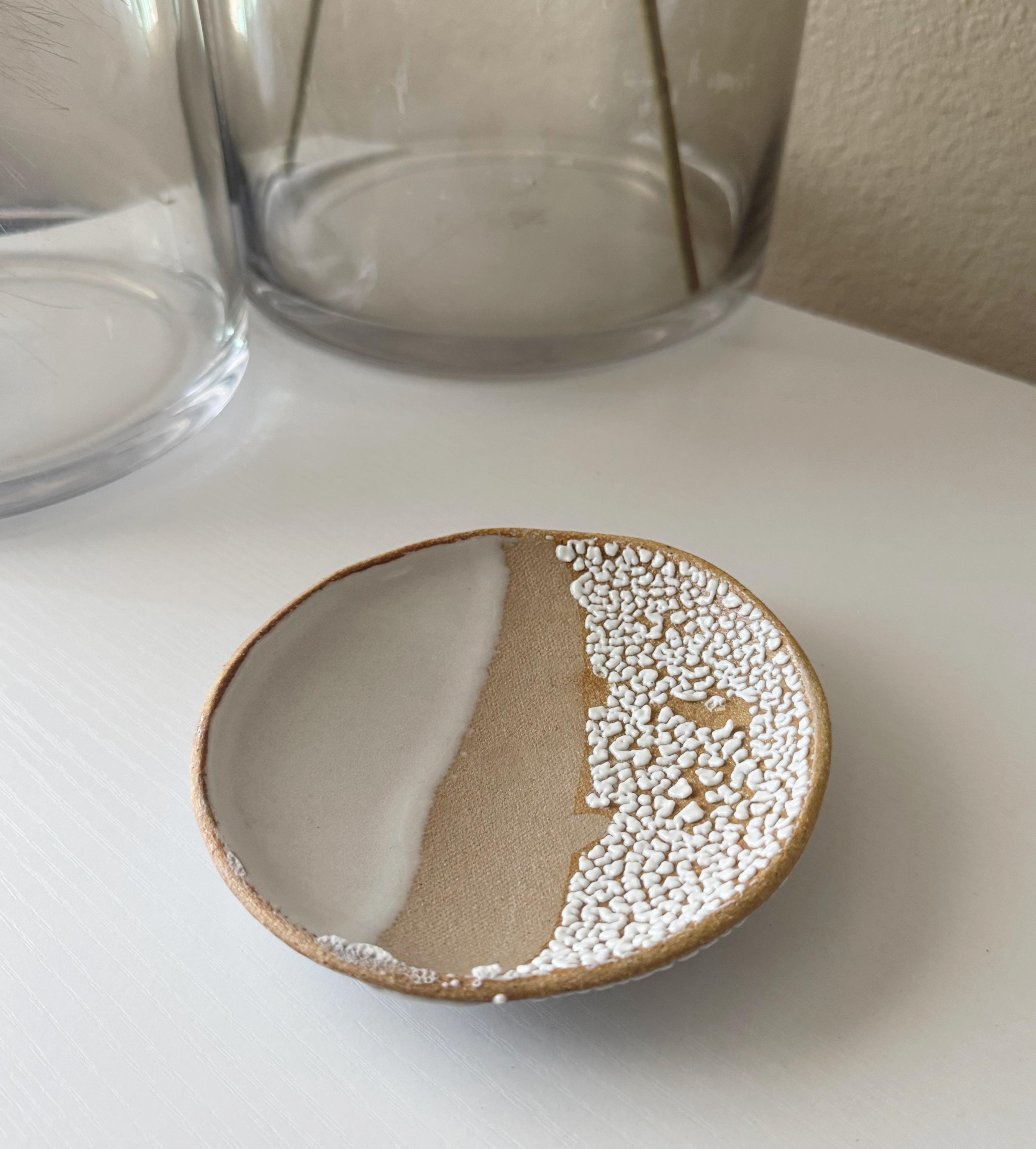 Handmade Ceramic Decorative Dish in White Crawl Color Block Glaze,  5.25"