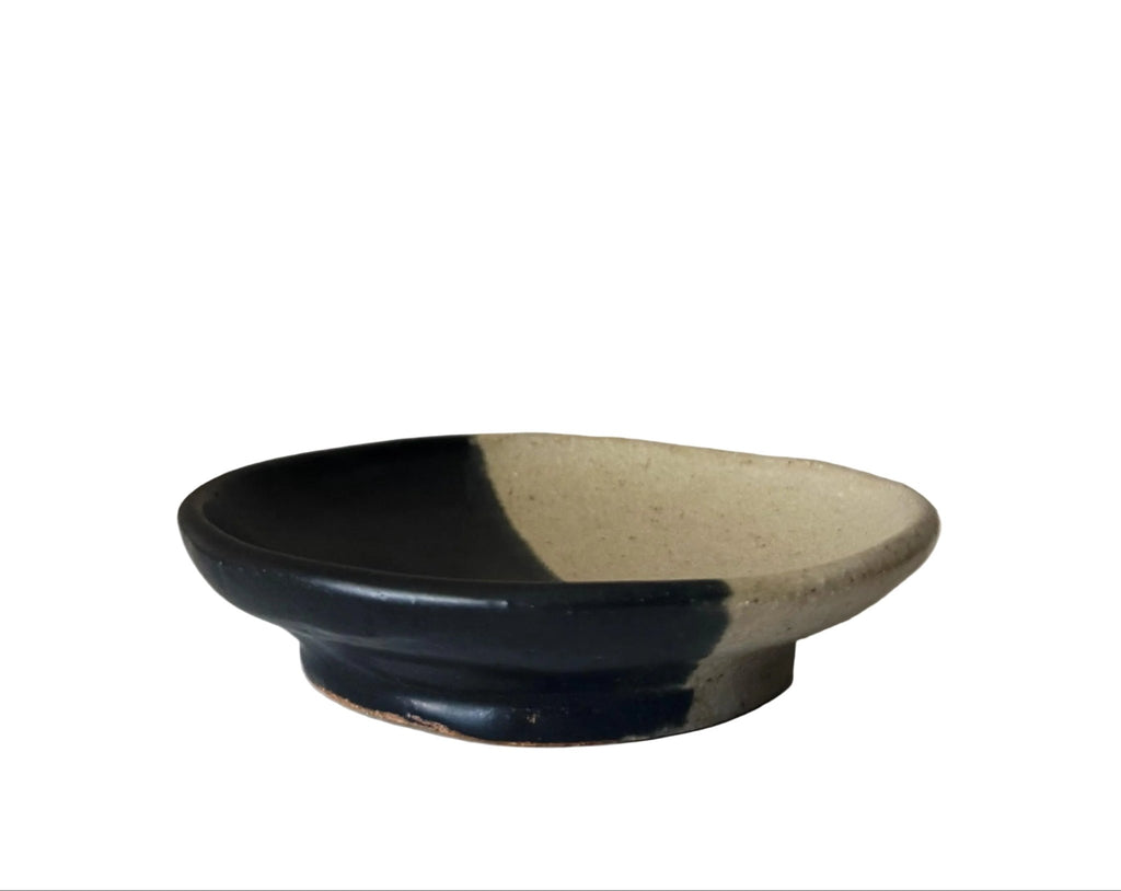 Handmade Ceramic Dish in Matte Black/Matte Ivory Color block 5.25"
