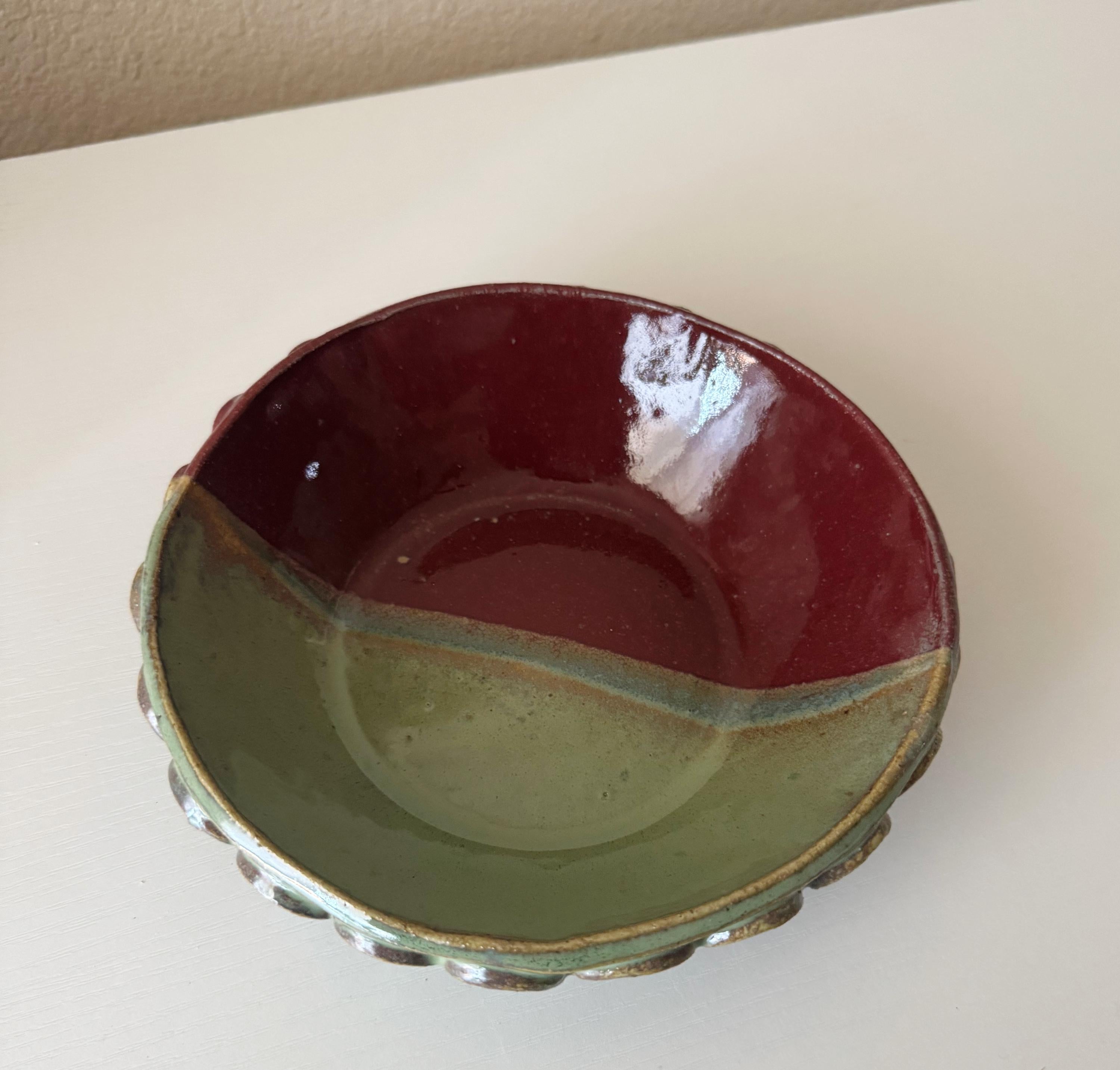 Handmade Ceramic Shells Bowl in Seafoam/Raspberry Color Block Glaze, Decorative Accents, 6.75"