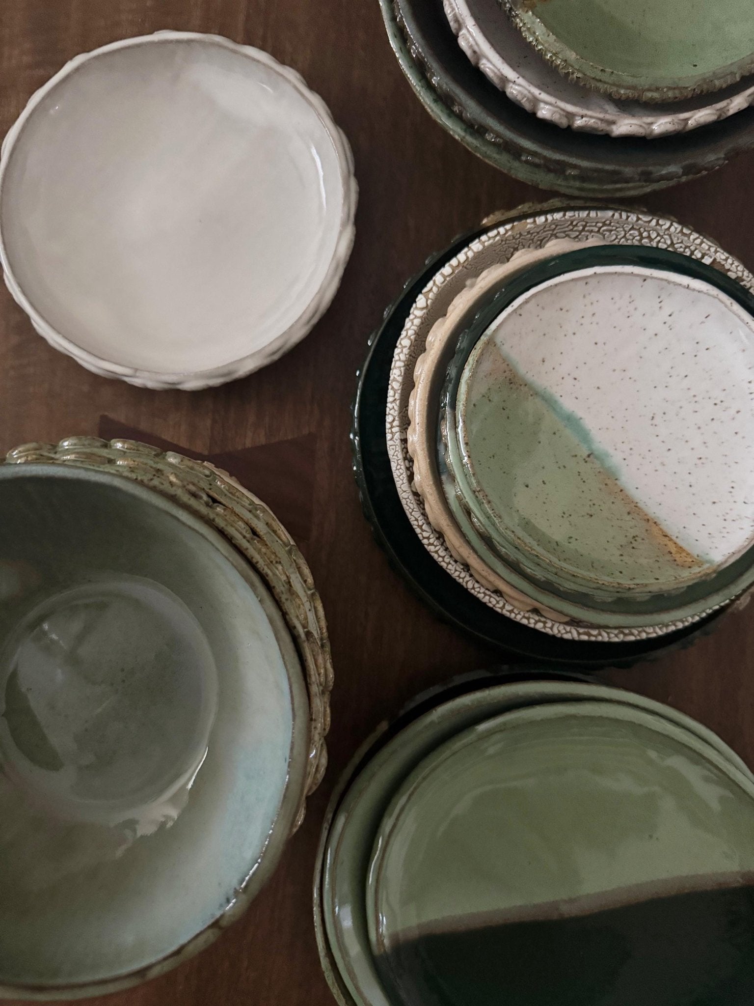 Handmade Ceramic Dish in Jade/Glossy White Color block 3.25"
