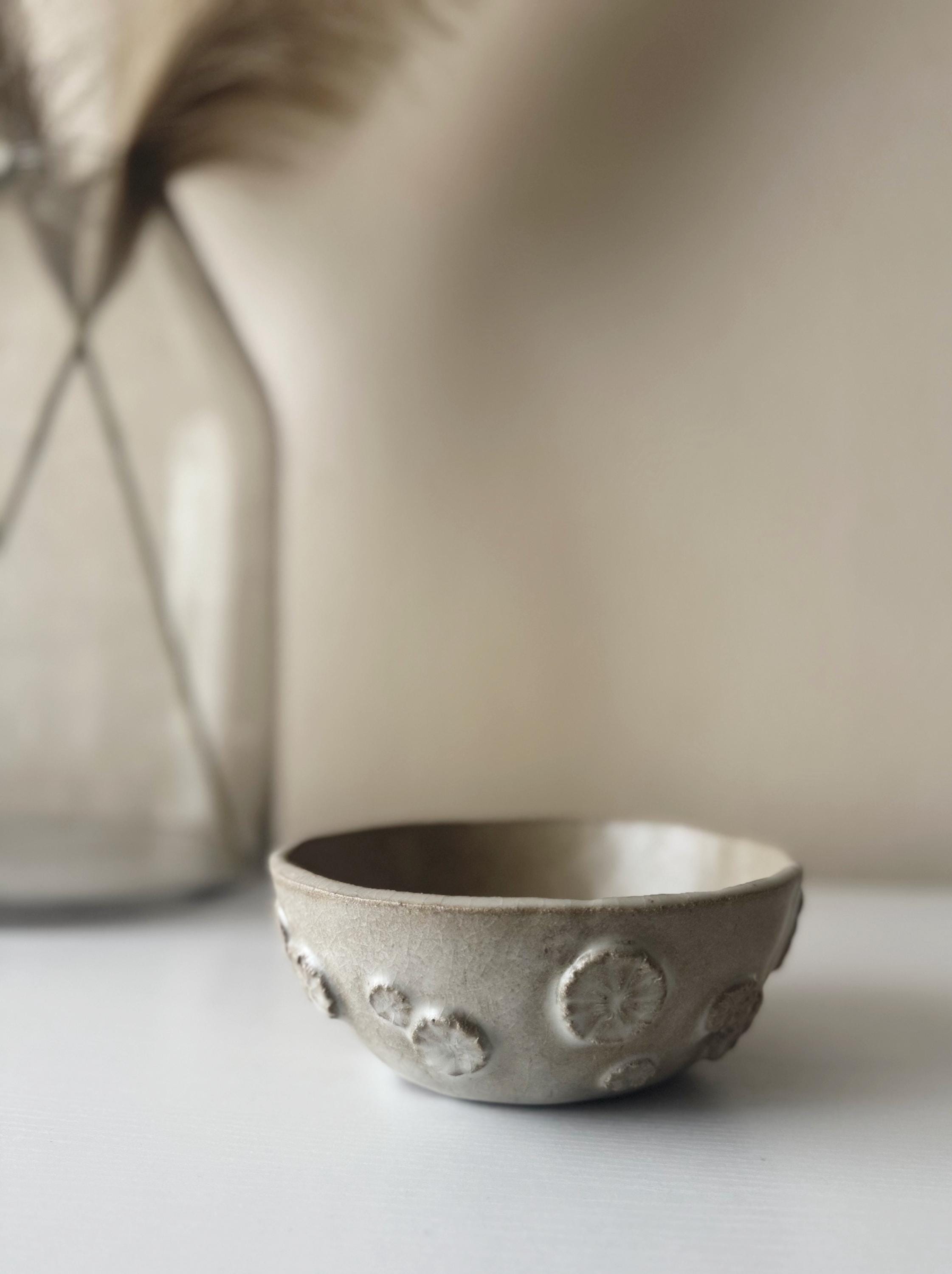 Handmade Ceramic Floral Bowl, Ivory Crackle Glaze, Decorative Floral Accents, 6.5"