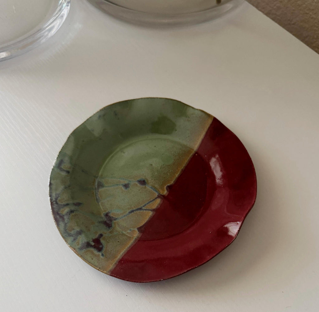Handmade Ceramic Wavy Plate in Seafoam/Raspberry Splatter Color block, 6.5"