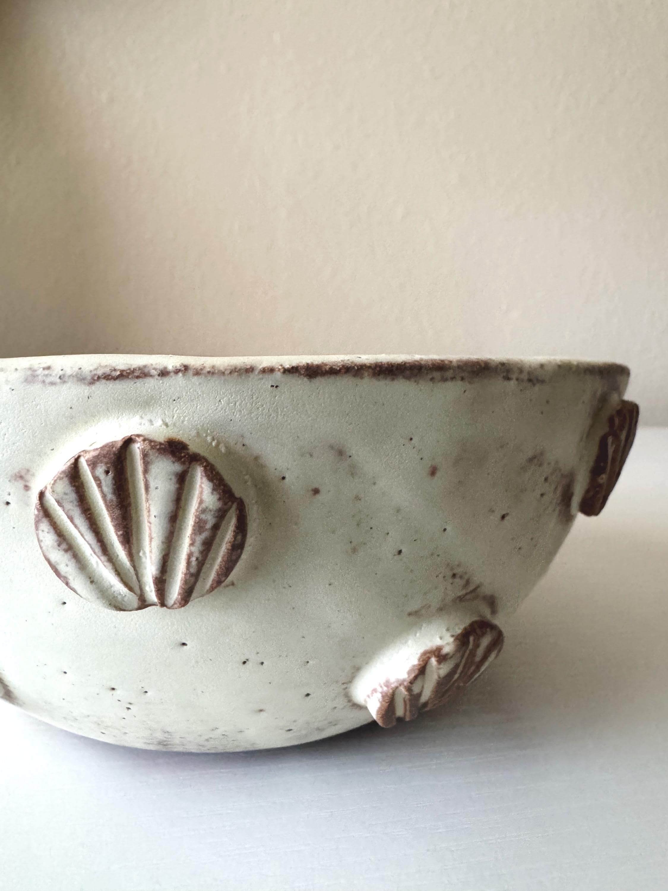 Handmade Ceramic Shells Bowl, Ochre Cream Glaze, Decorative Accents, 6.5"