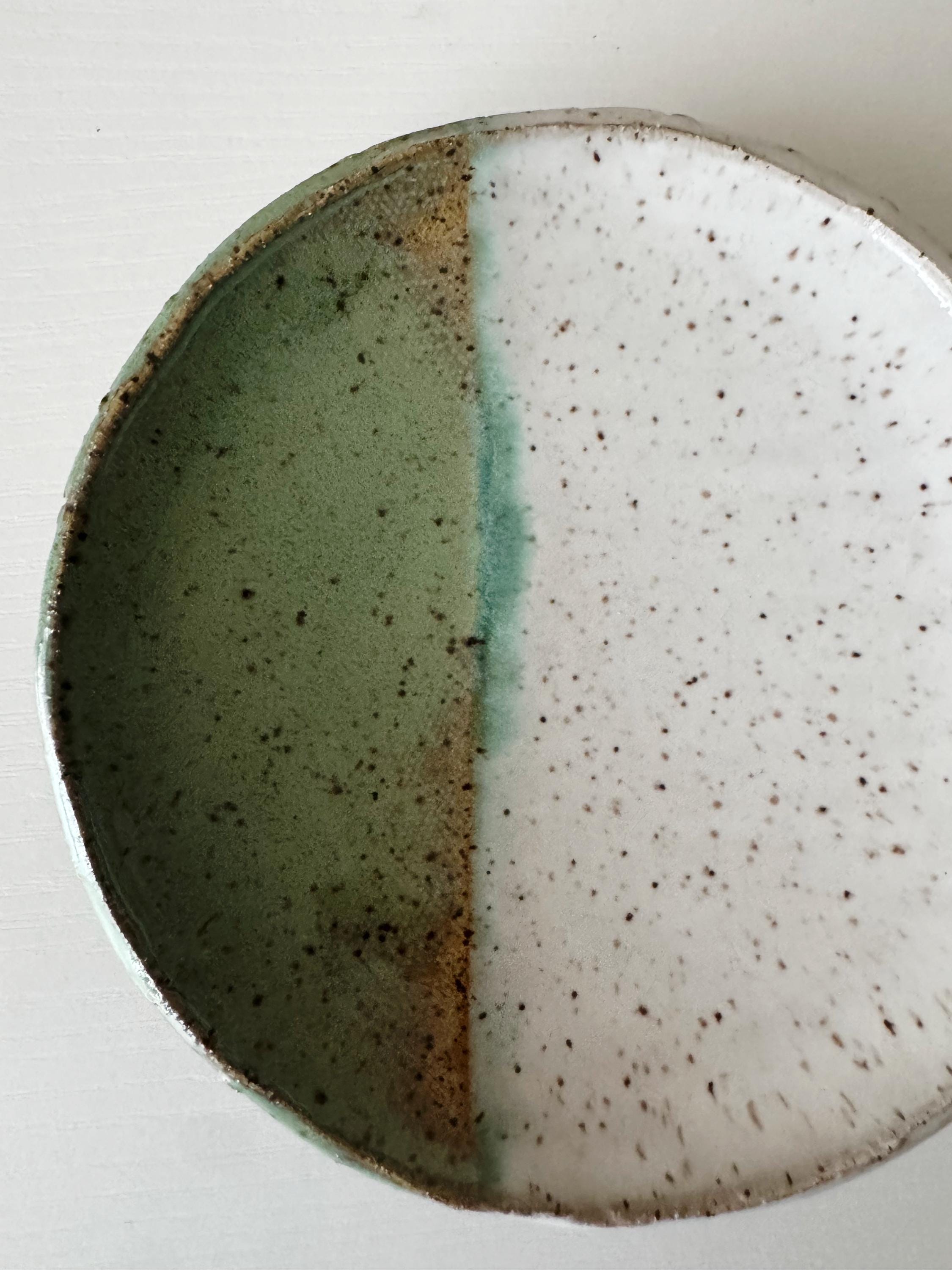 Handmade Ceramic Dish in Jade/Glossy White Color block 3.25"