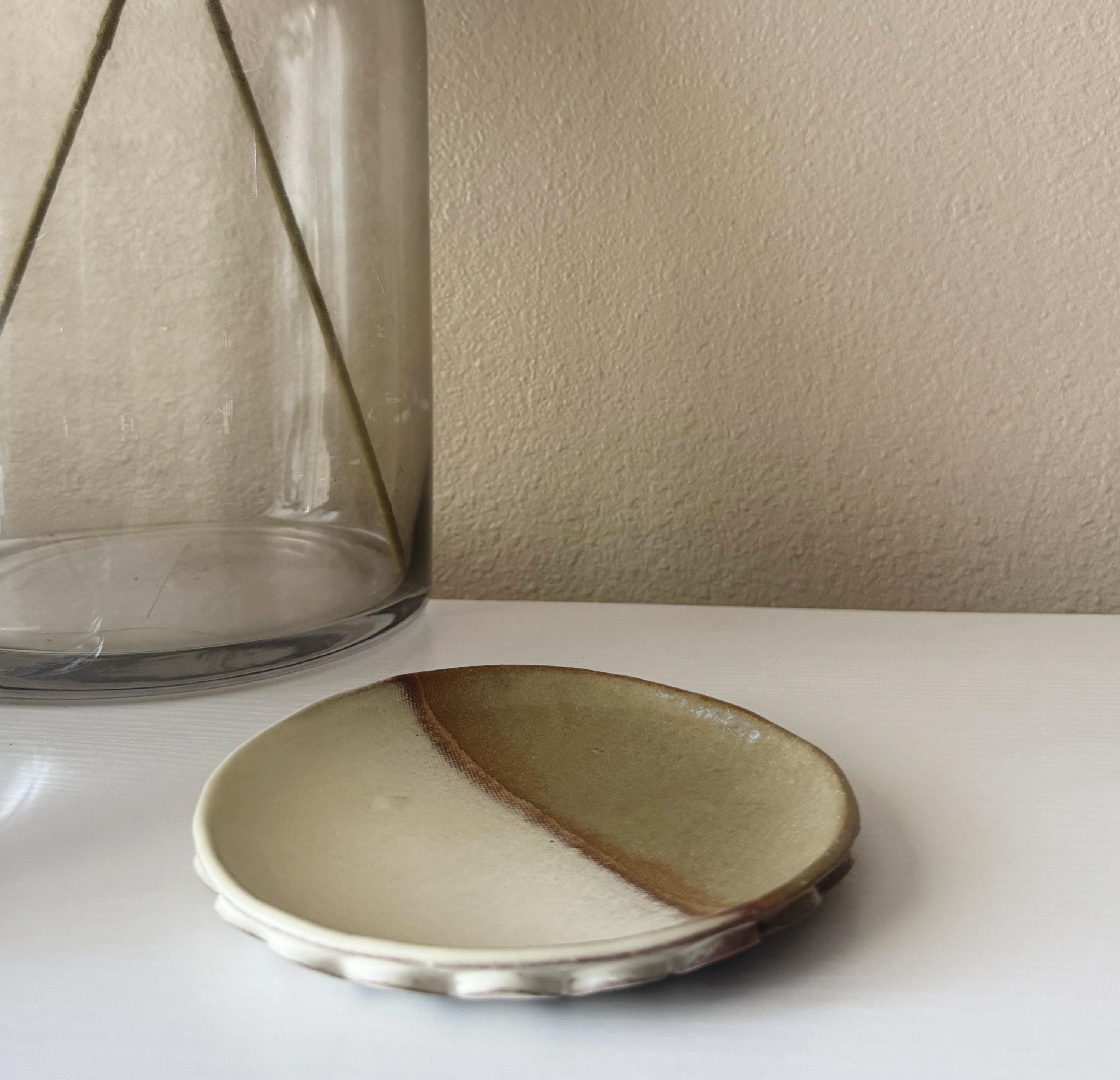 Handmade Ceramic Bubbles Plate in Matte Ivory/Toffee Color block Glaze, Decorative Accents,  6.25"