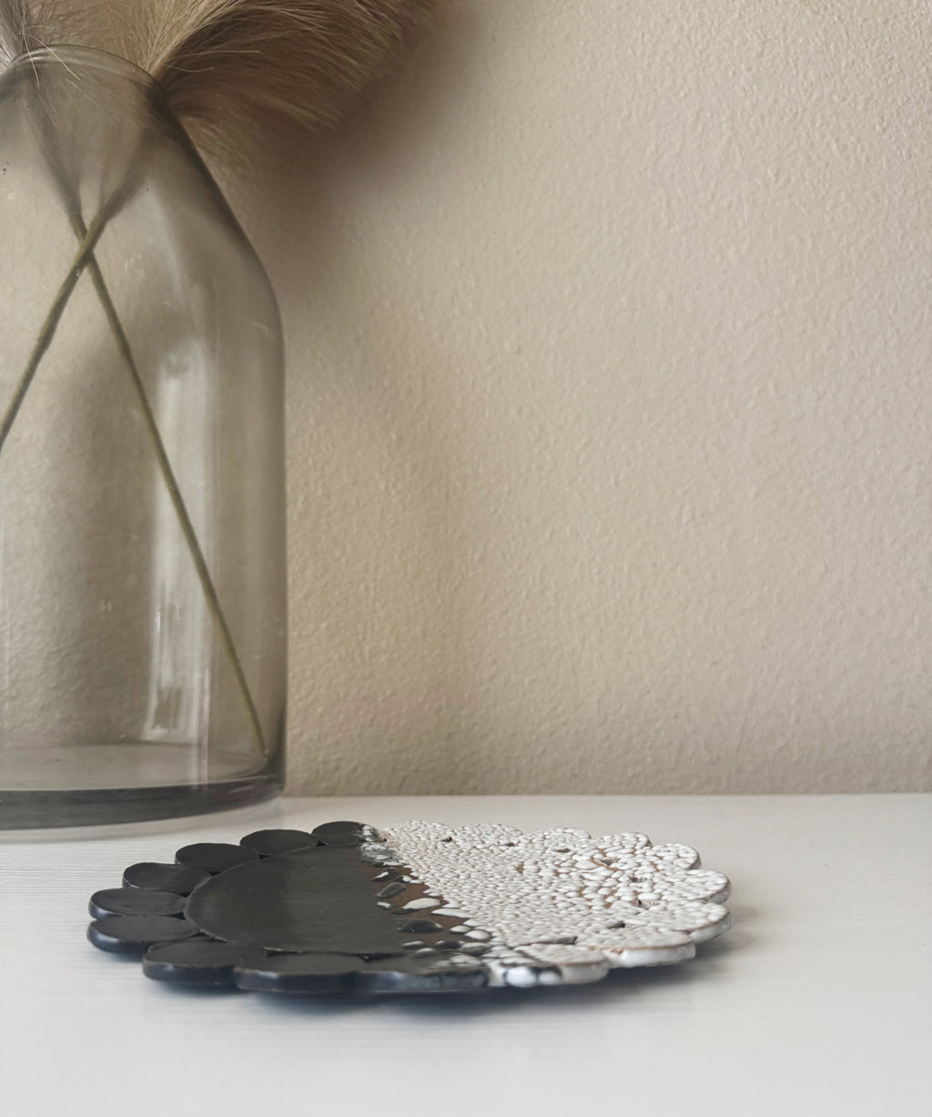 Bloom Plate | Handmade Ceramic Decorative Plate in Black White Crawl | 7.25"