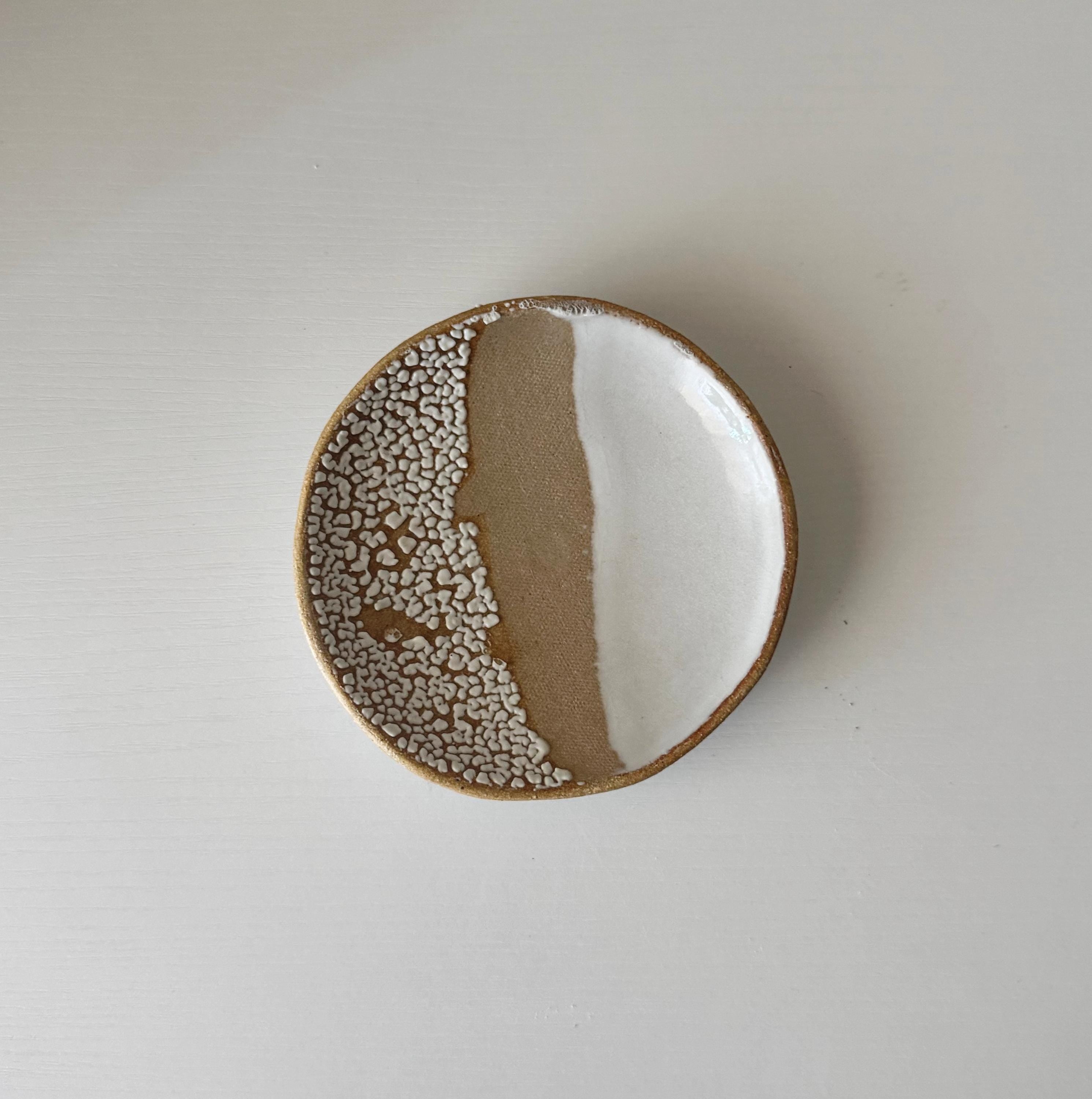 Handmade Ceramic Decorative Dish in White Crawl Color Block Glaze,  5.25"