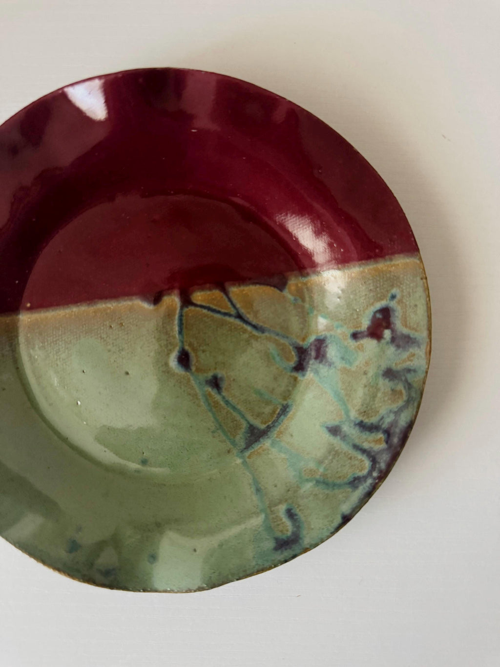 Handmade Ceramic Wavy Plate in Seafoam/Raspberry Splatter Color block, 6.5"