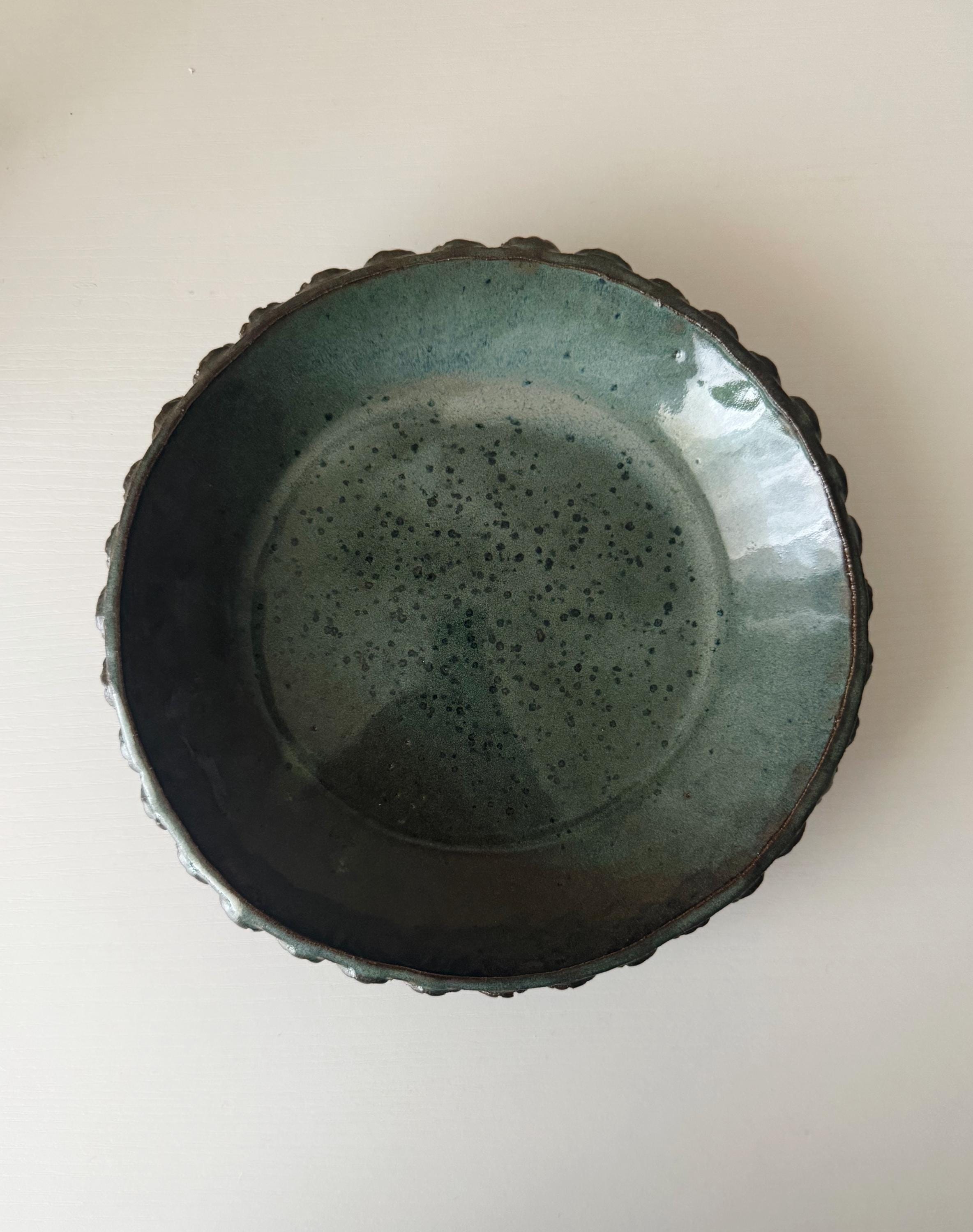 Handmade Ceramic Shells Pasta Bowl in Blue Brown Glaze, Decorative Accents, 10"