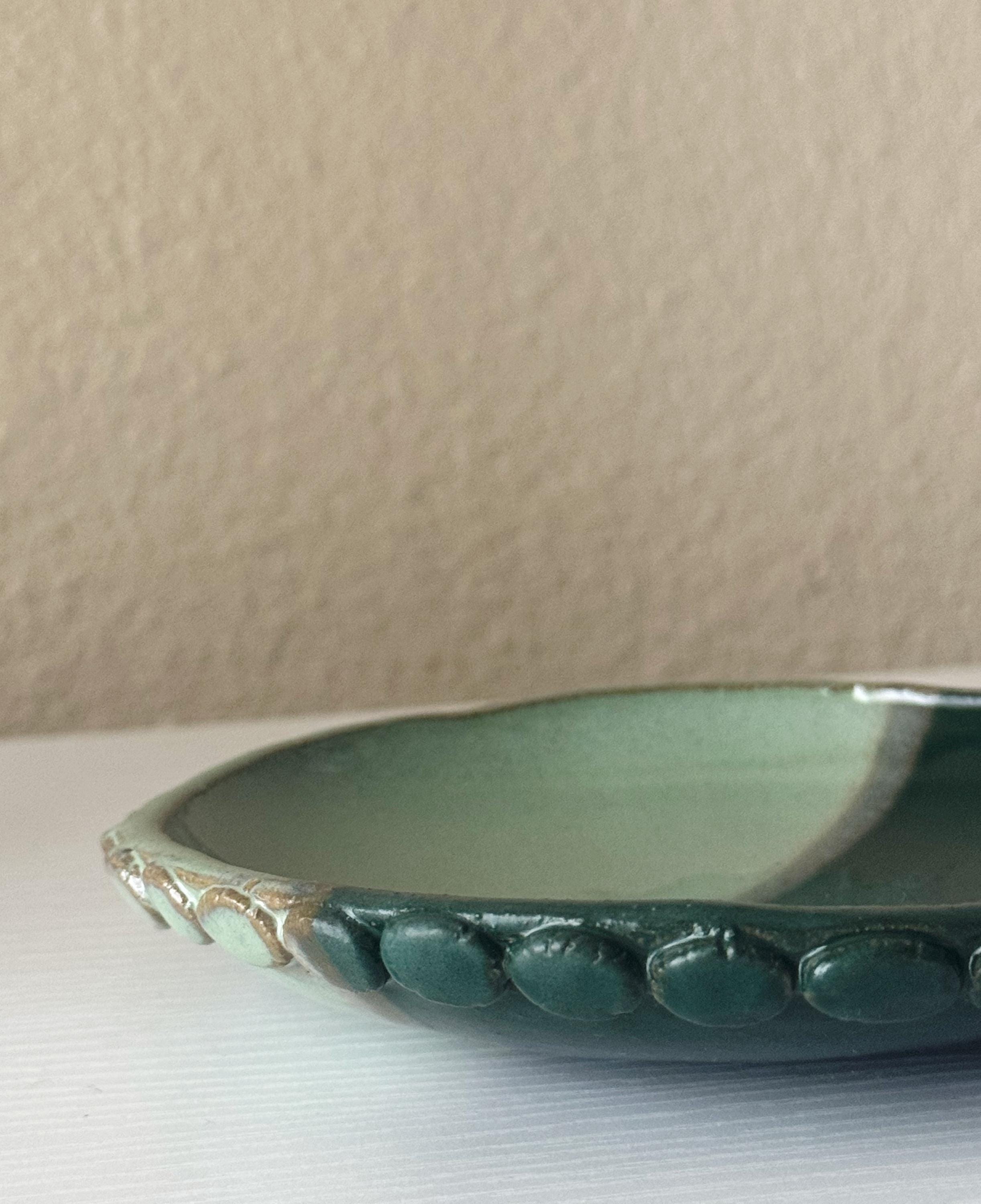Handmade Ceramic Plate in Emerald/Seafoam Color block Glaze, Decorative Accents,  5.5"